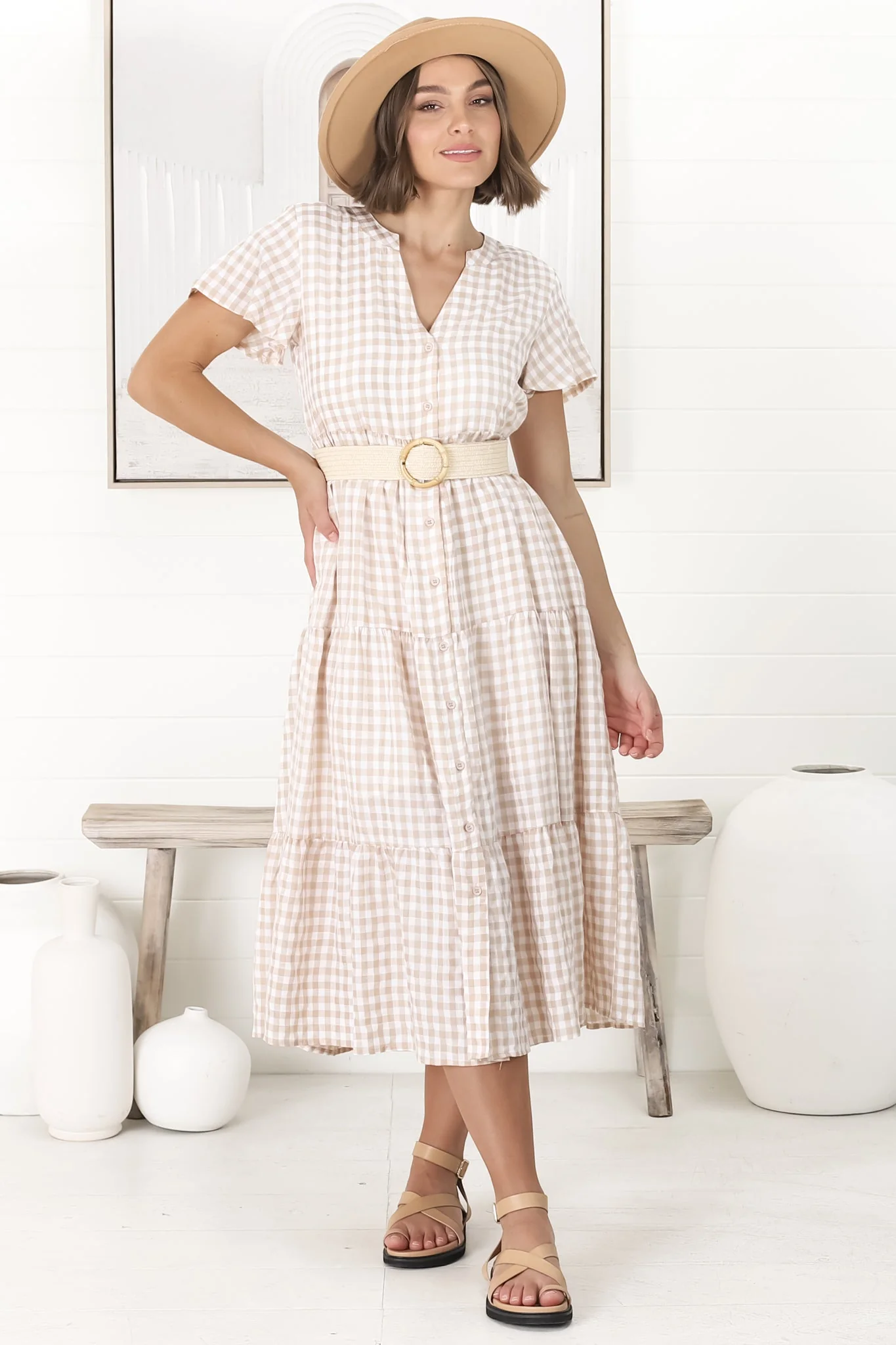 Milla Midi Dress - Tiered Button Down Dress in Gingham Mistee Print Beige - Image 13
