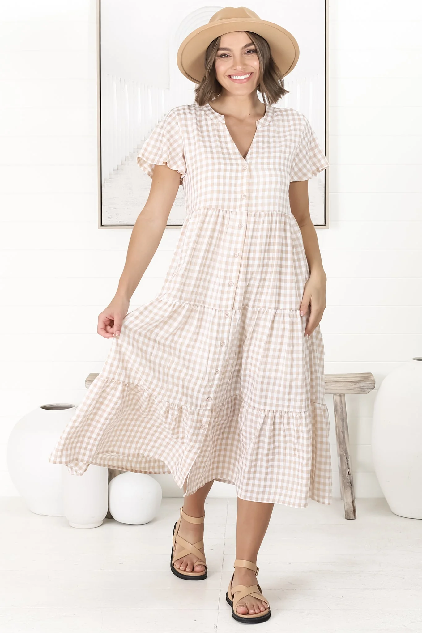 Milla Midi Dress - Tiered Button Down Dress in Gingham Mistee Print Beige - Image 14