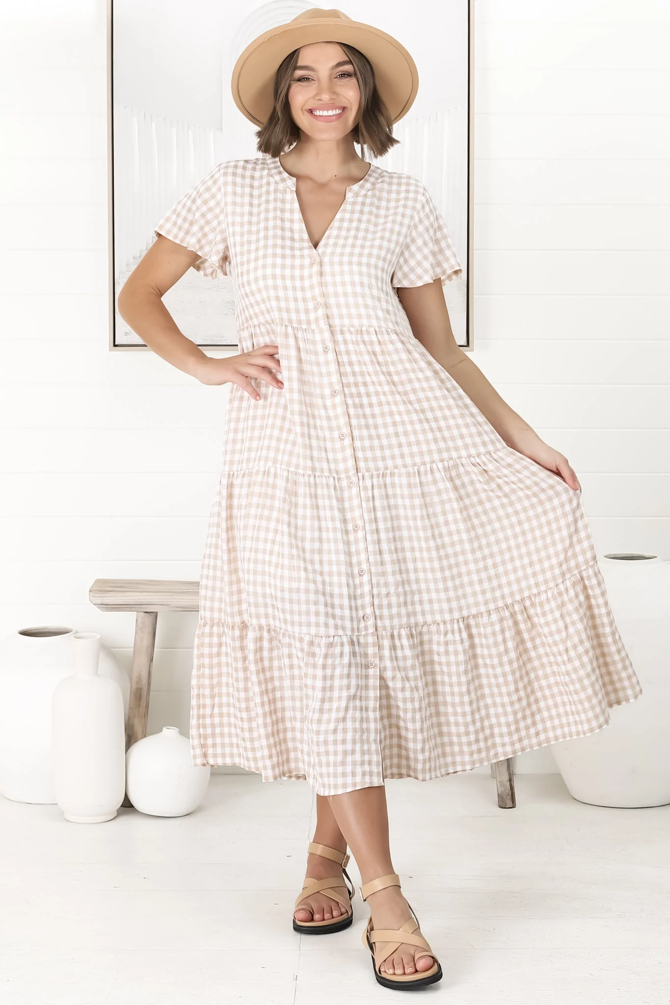 Milla Midi Dress - Tiered Button Down Dress in Gingham Mistee Print Beige - Image 15