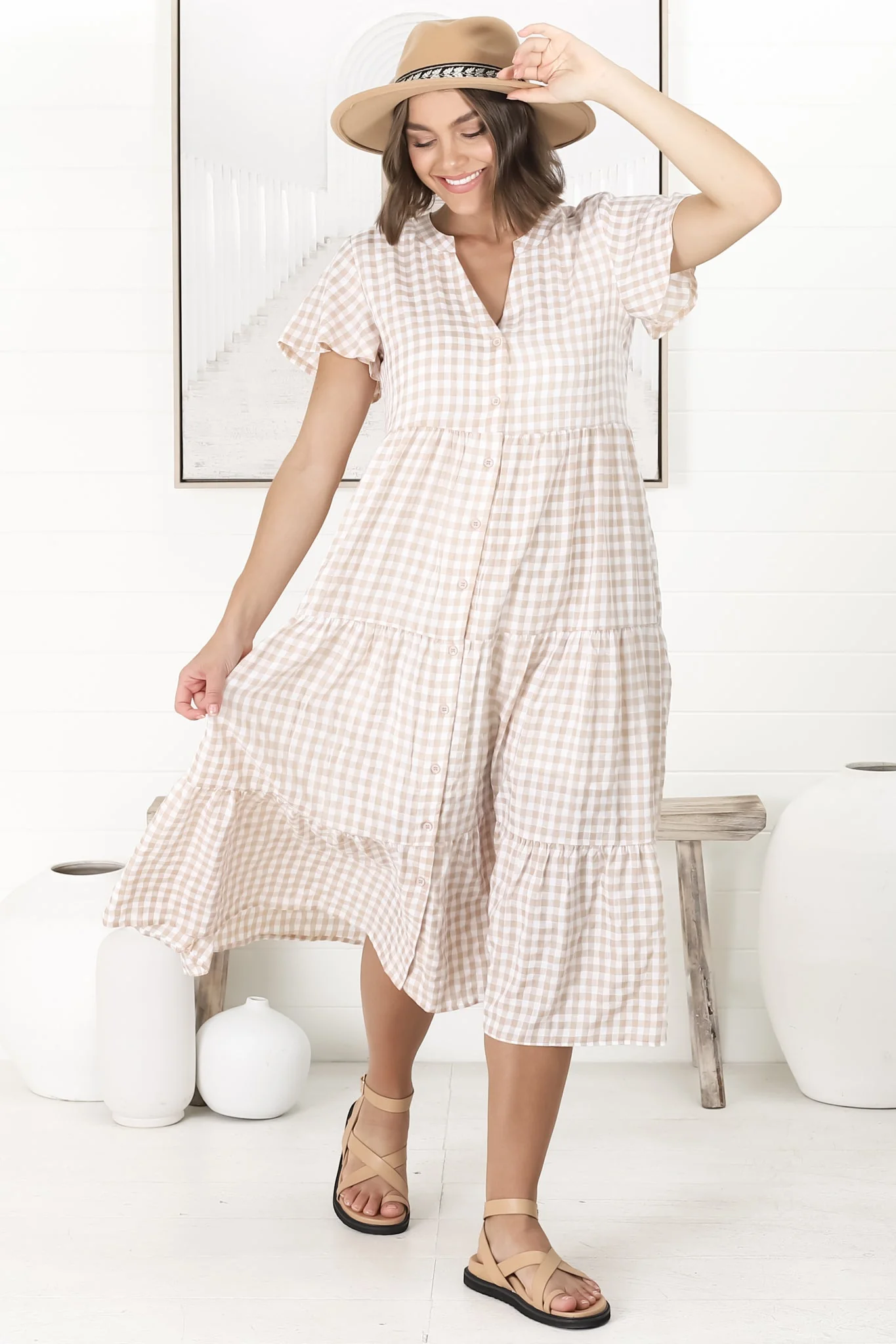 Milla Midi Dress - Tiered Button Down Dress in Gingham Mistee Print Beige - Image 16