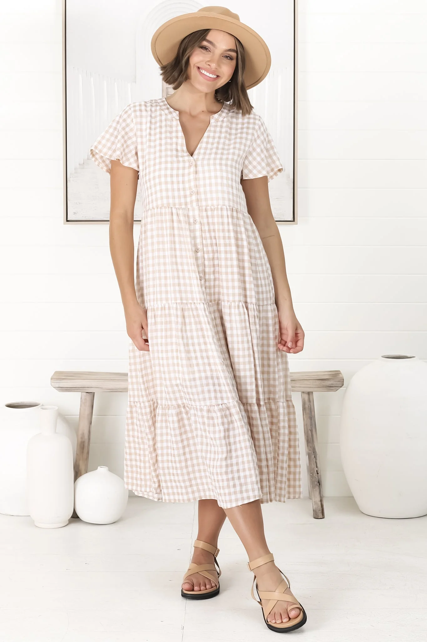 Milla Midi Dress - Tiered Button Down Dress in Gingham Mistee Print Beige - Image 17