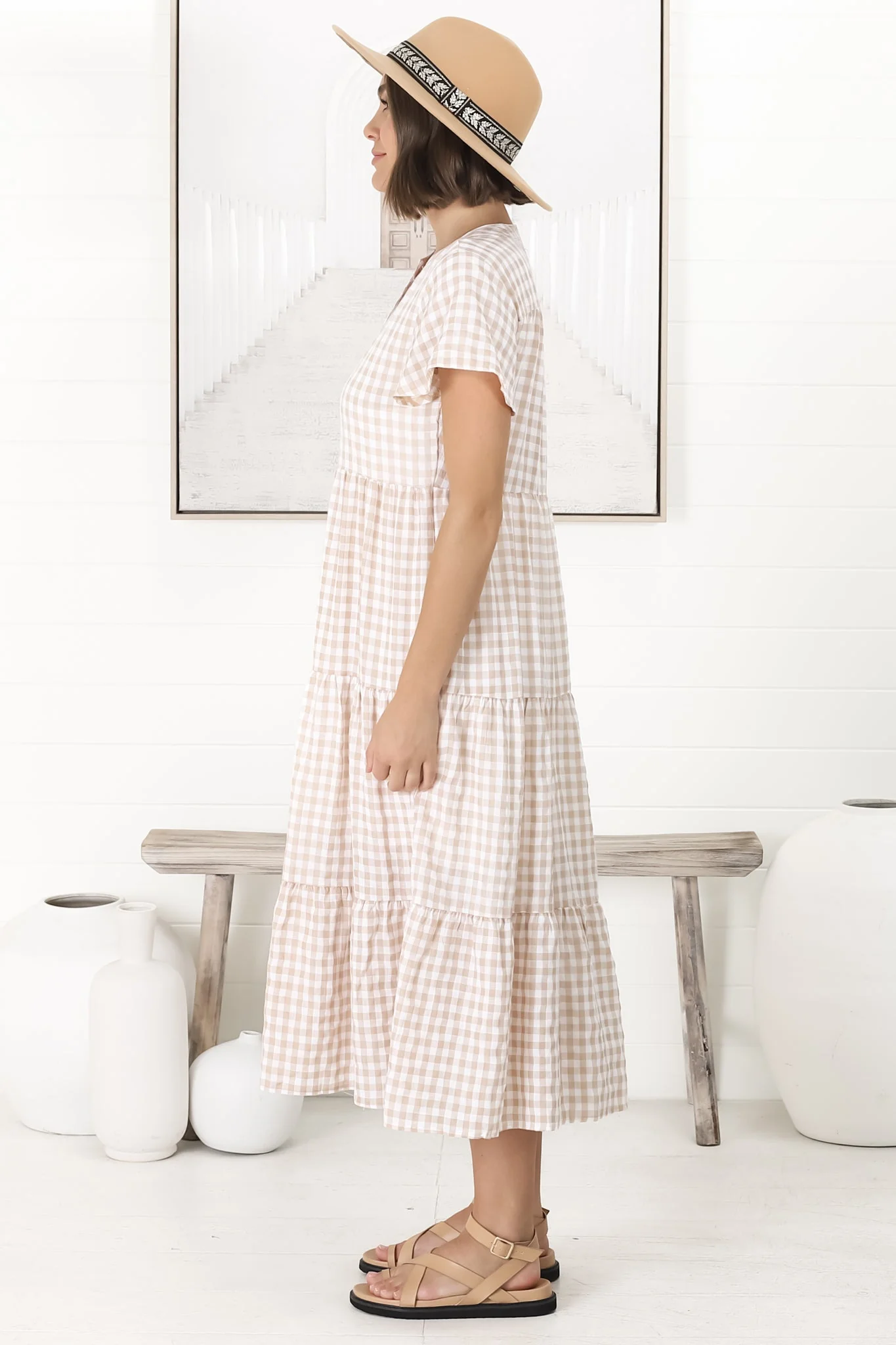 Milla Midi Dress - Tiered Button Down Dress in Gingham Mistee Print Beige - Image 18