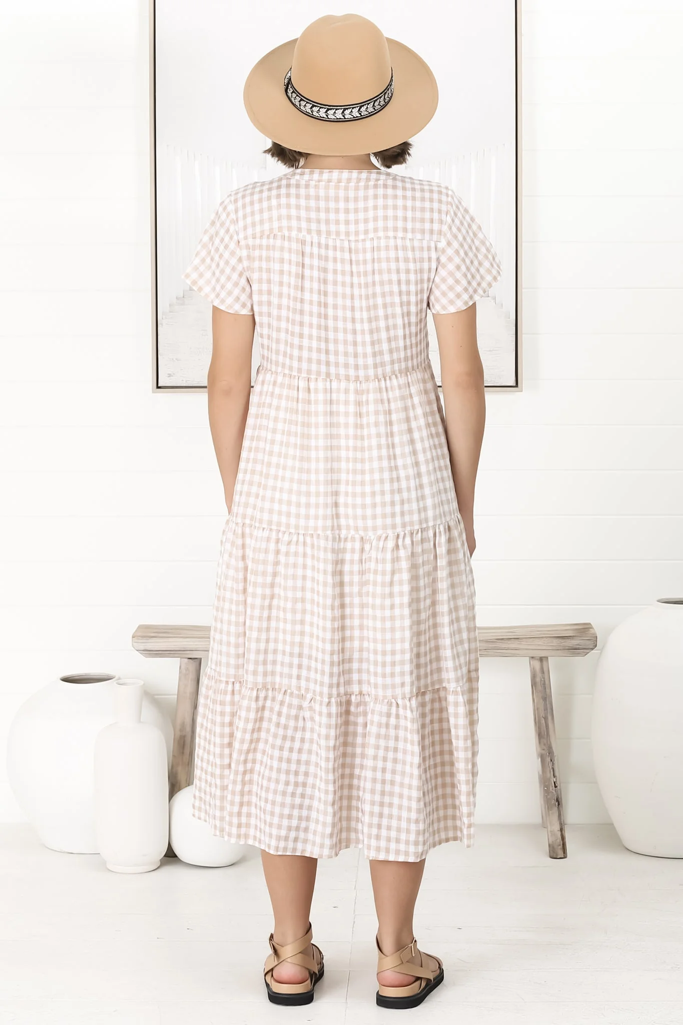 Milla Midi Dress - Tiered Button Down Dress in Gingham Mistee Print Beige - Image 19