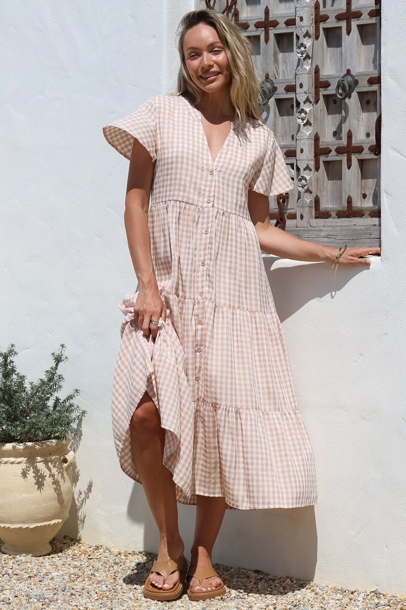 Milla Midi Dress - Tiered Button Down Dress in Gingham Mistee Print Beige - Image 2
