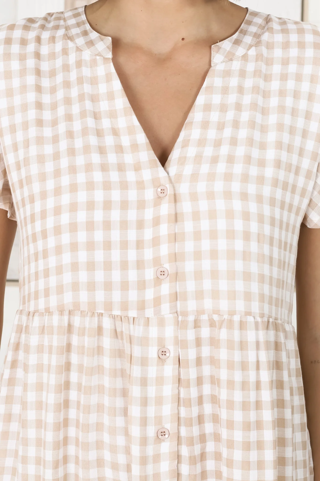 Milla Midi Dress - Tiered Button Down Dress in Gingham Mistee Print Beige - Image 20