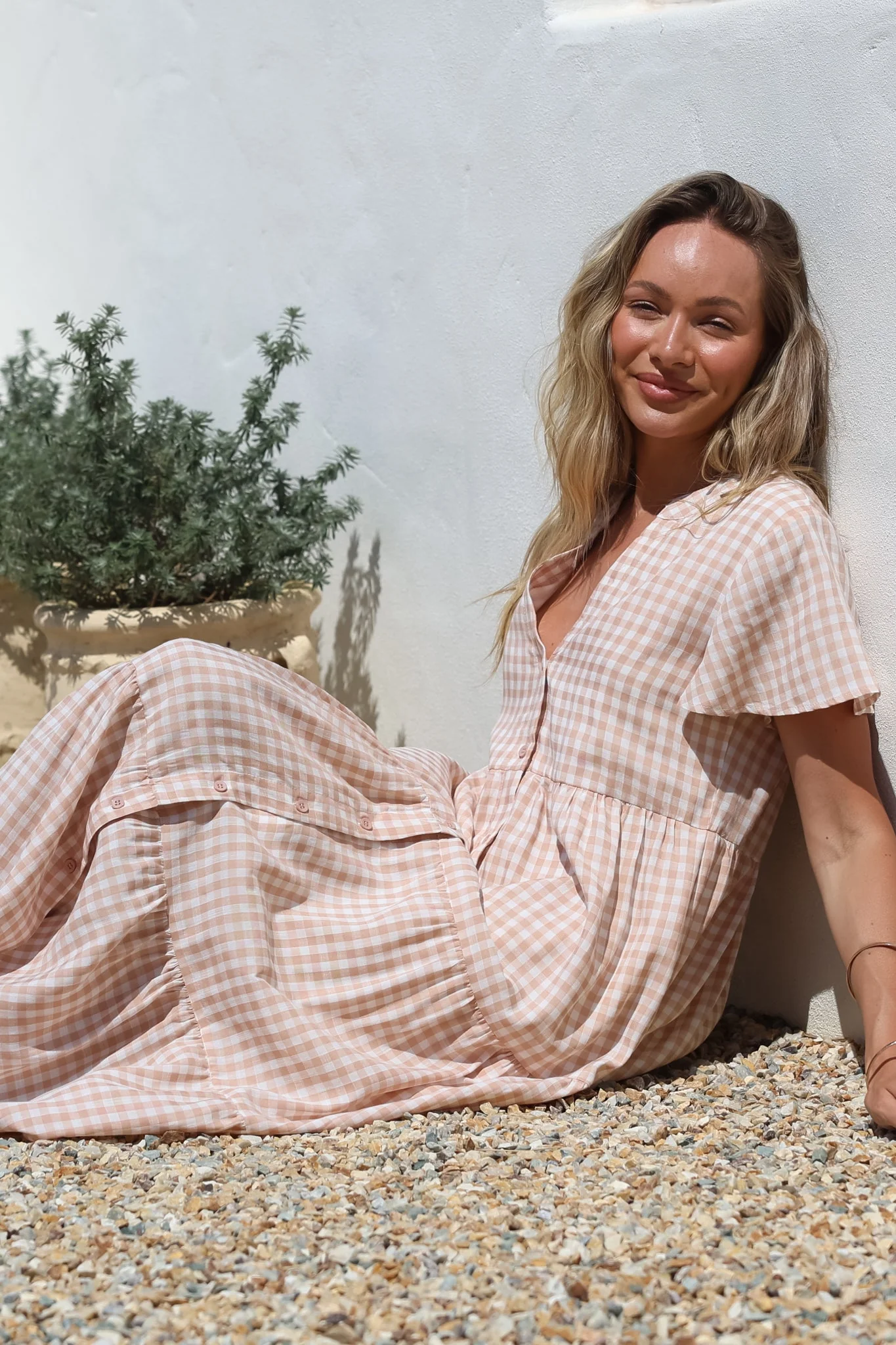 Milla Midi Dress - Tiered Button Down Dress in Gingham Mistee Print Beige - Image 3