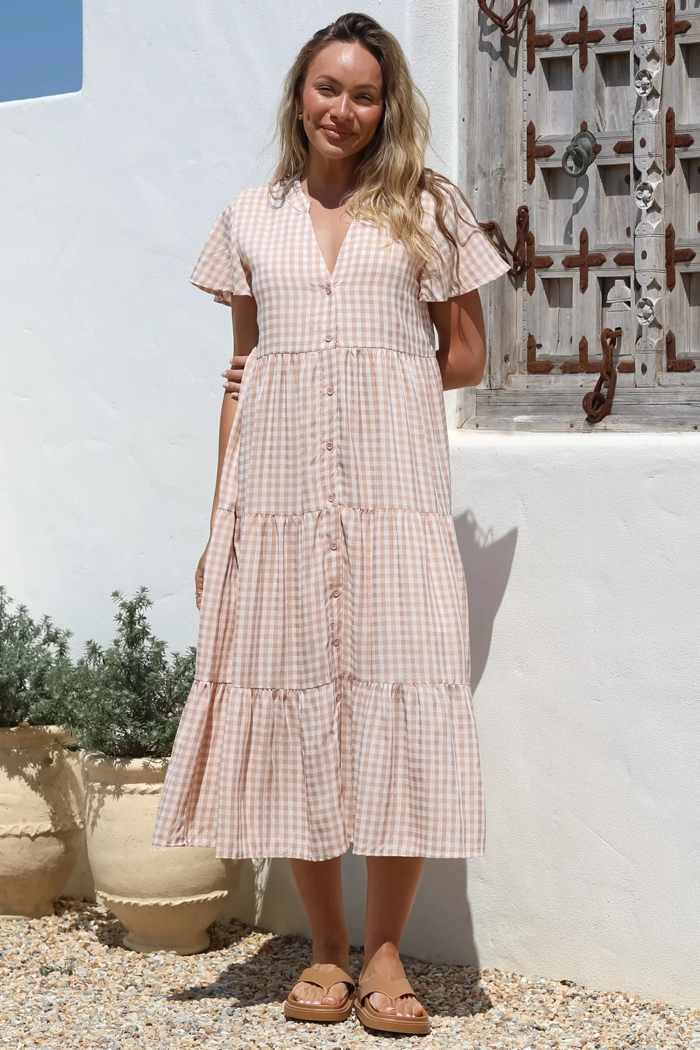Milla Midi Dress - Tiered Button Down Dress in Gingham Mistee Print Beige - Image 4