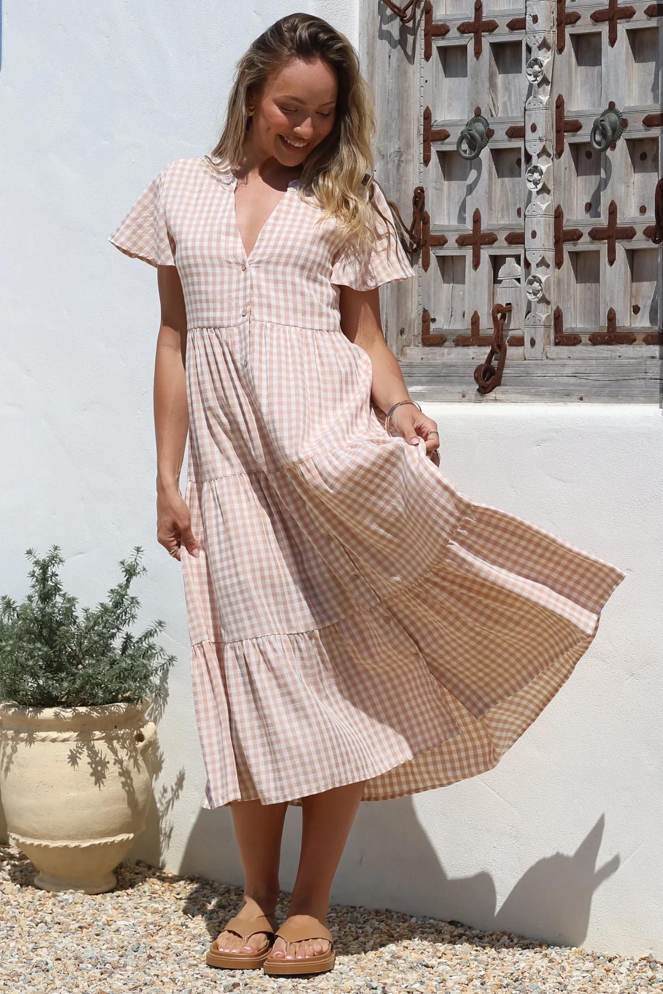 Milla Midi Dress - Tiered Button Down Dress in Gingham Mistee Print Beige - Image 5