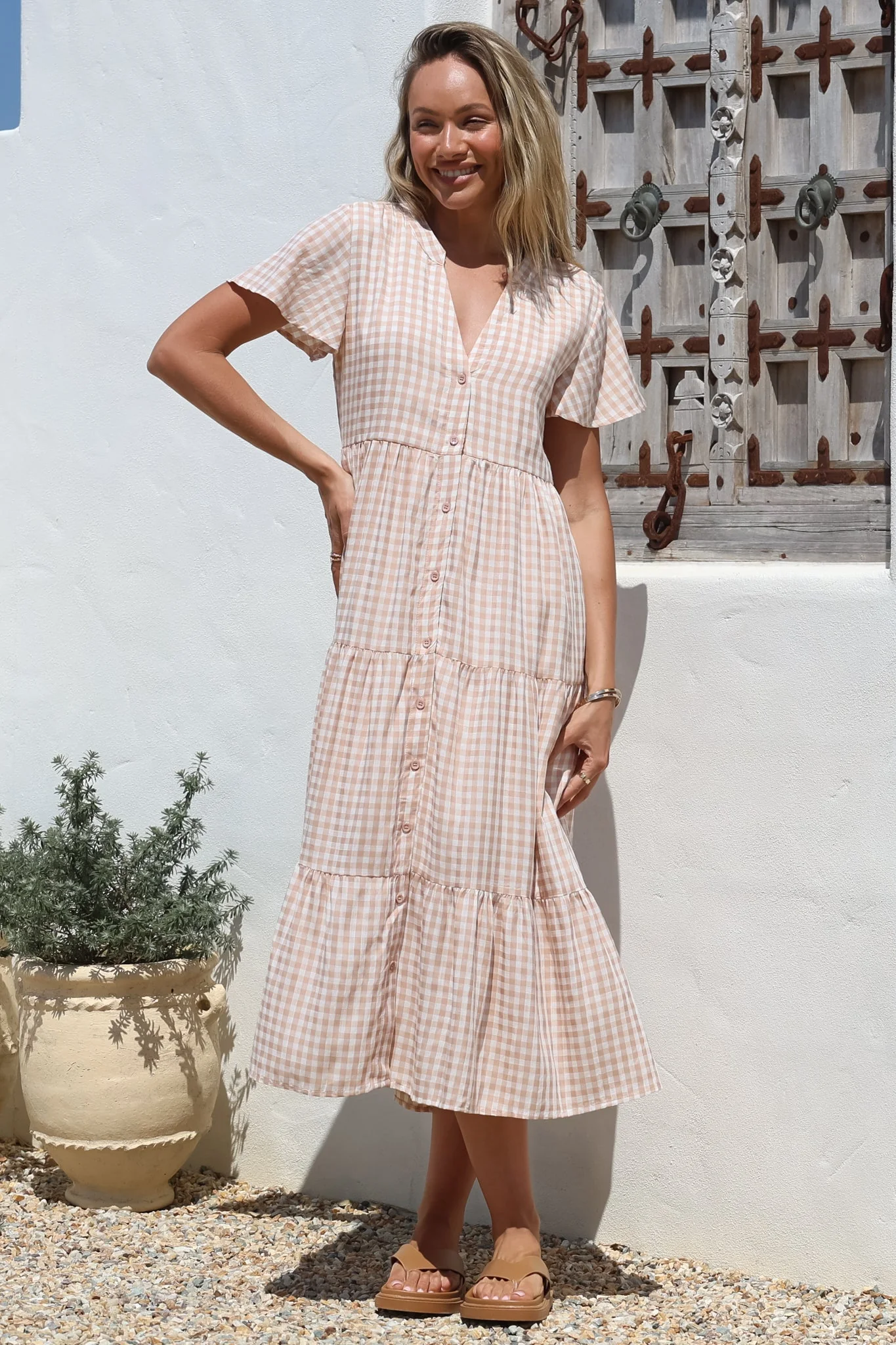 Milla Midi Dress - Tiered Button Down Dress in Gingham Mistee Print Beige - Image 6