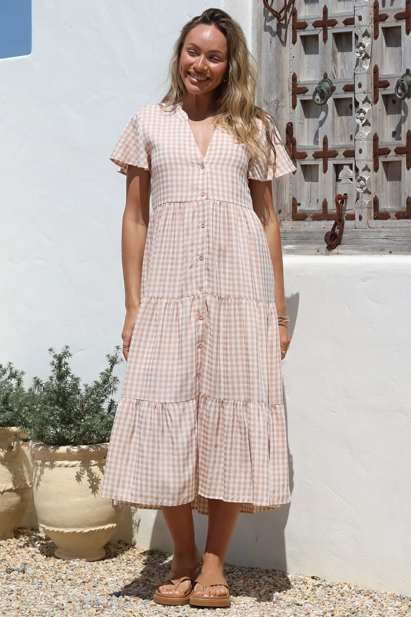 Milla Midi Dress - Tiered Button Down Dress in Gingham Mistee Print Beige - Image 7