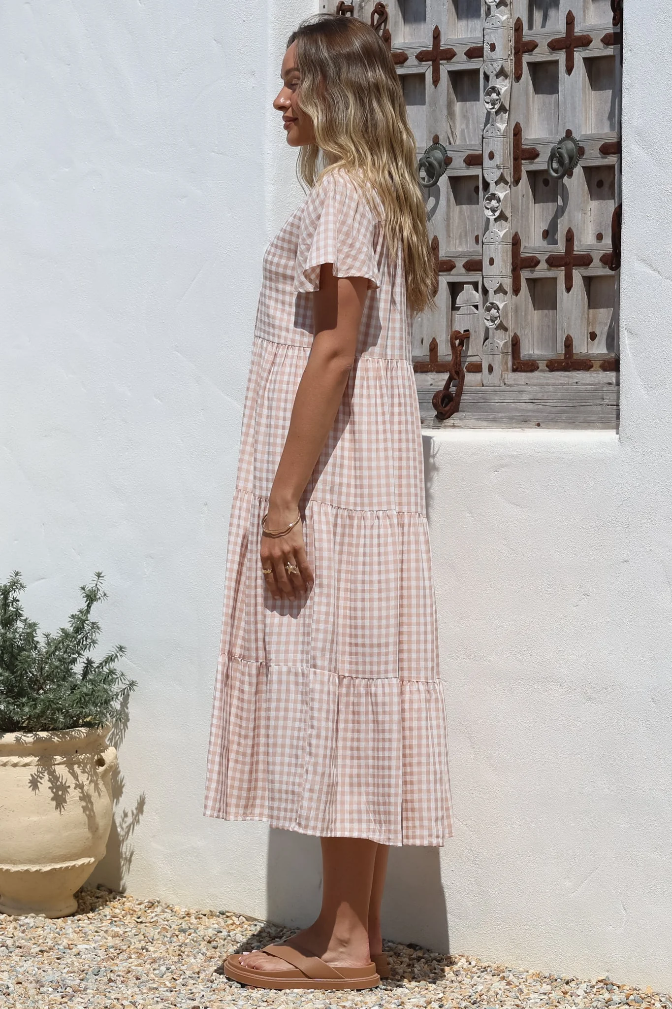 Milla Midi Dress - Tiered Button Down Dress in Gingham Mistee Print Beige - Image 8