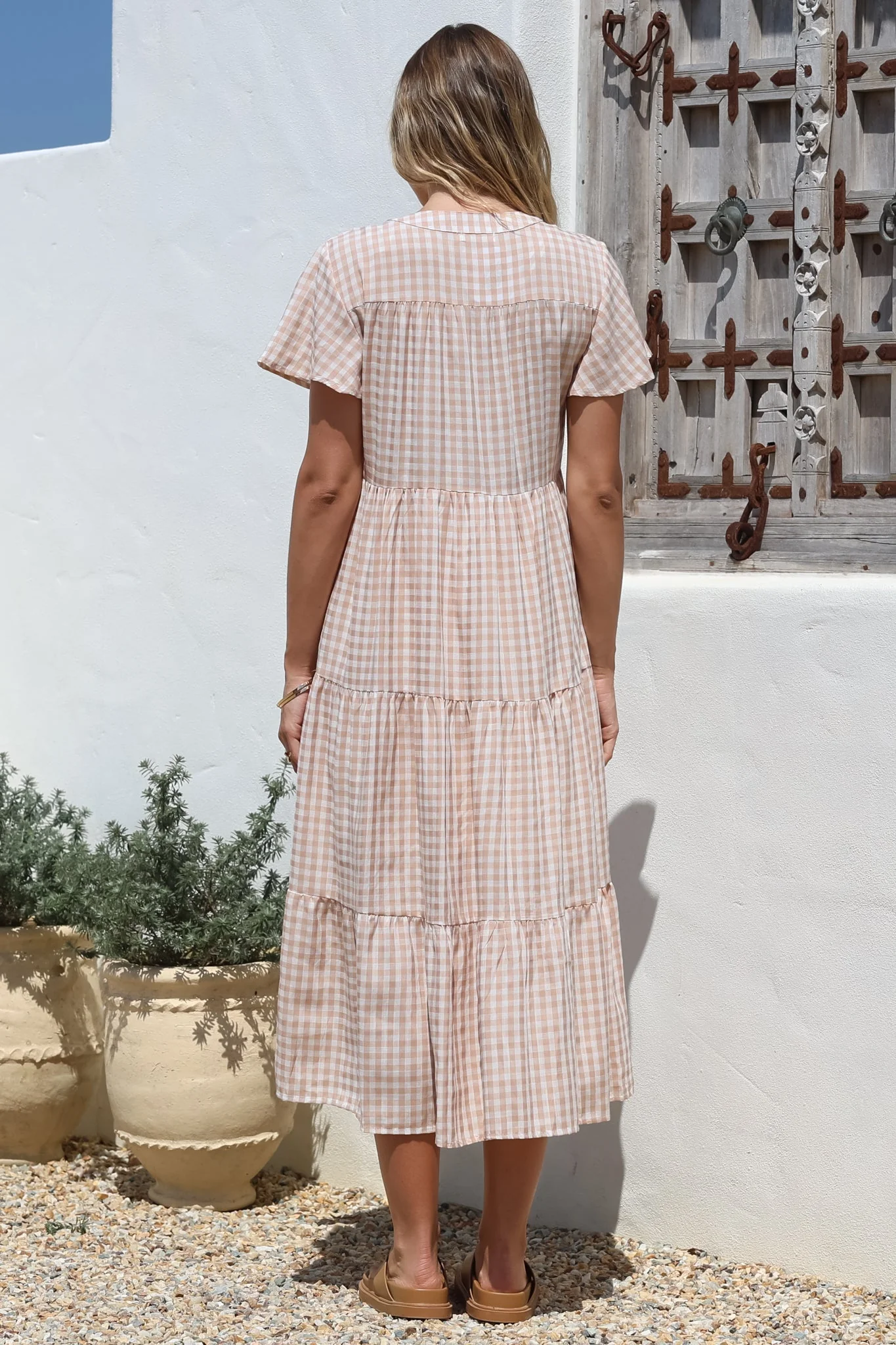 Milla Midi Dress - Tiered Button Down Dress in Gingham Mistee Print Beige - Image 9
