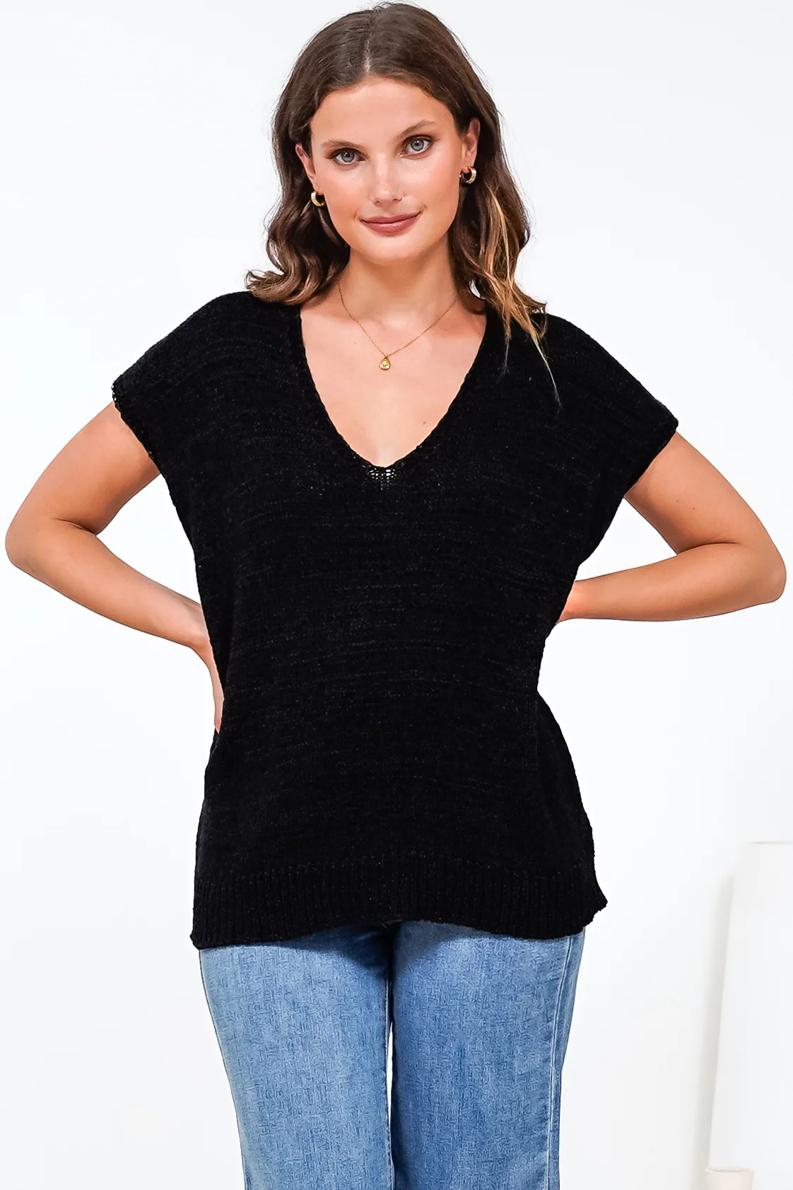 Millicent Knit Top - Relaxed V-Neck Top with Ribbed Hemline in Black - Image 4