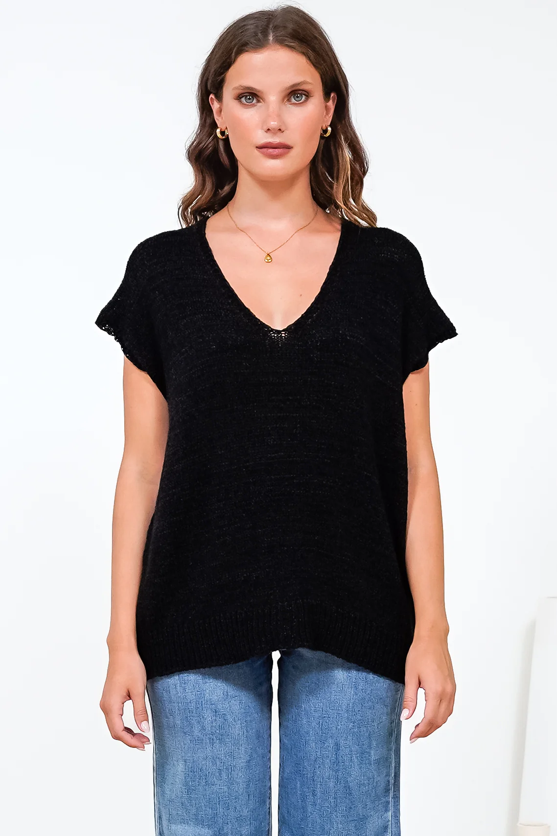 Millicent Knit Top - Relaxed V-Neck Top with Ribbed Hemline in Black - Image 6