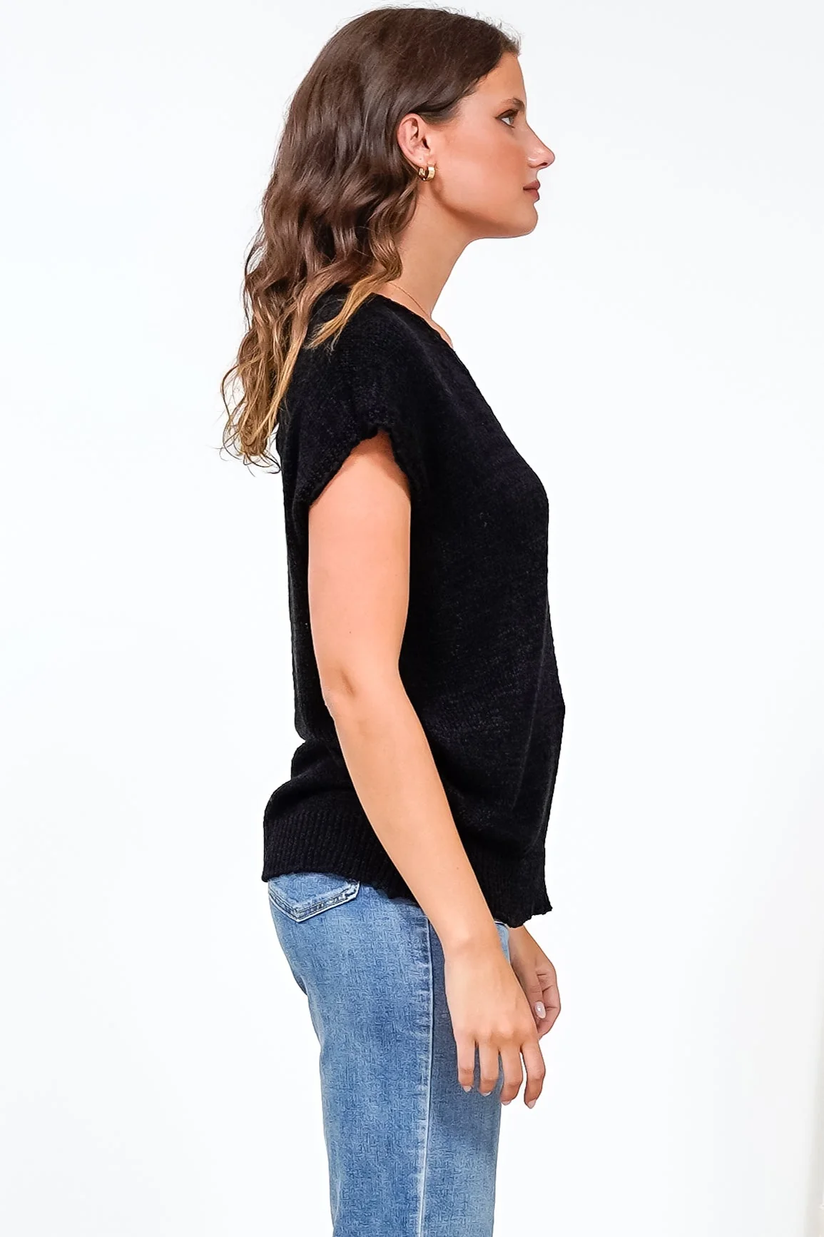 Millicent Knit Top - Relaxed V-Neck Top with Ribbed Hemline in Black - Image 7