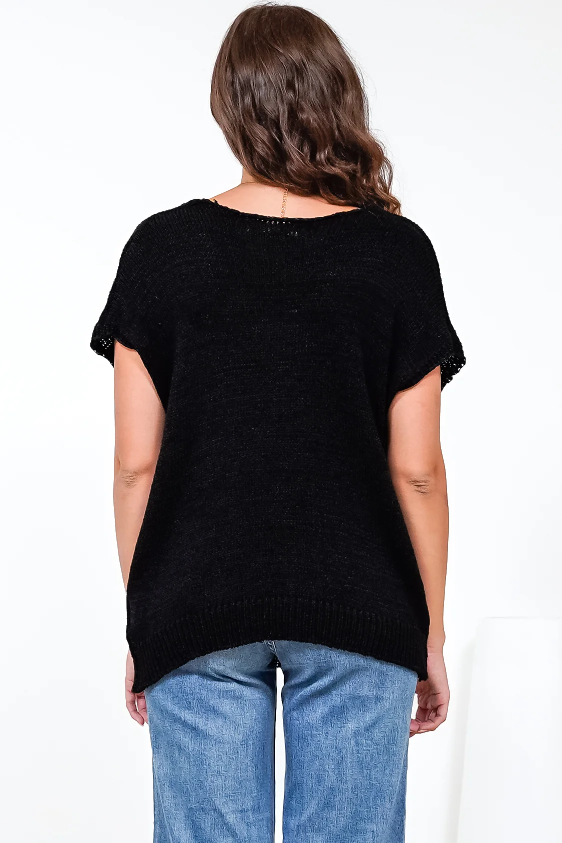 Millicent Knit Top - Relaxed V-Neck Top with Ribbed Hemline in Black - Image 8