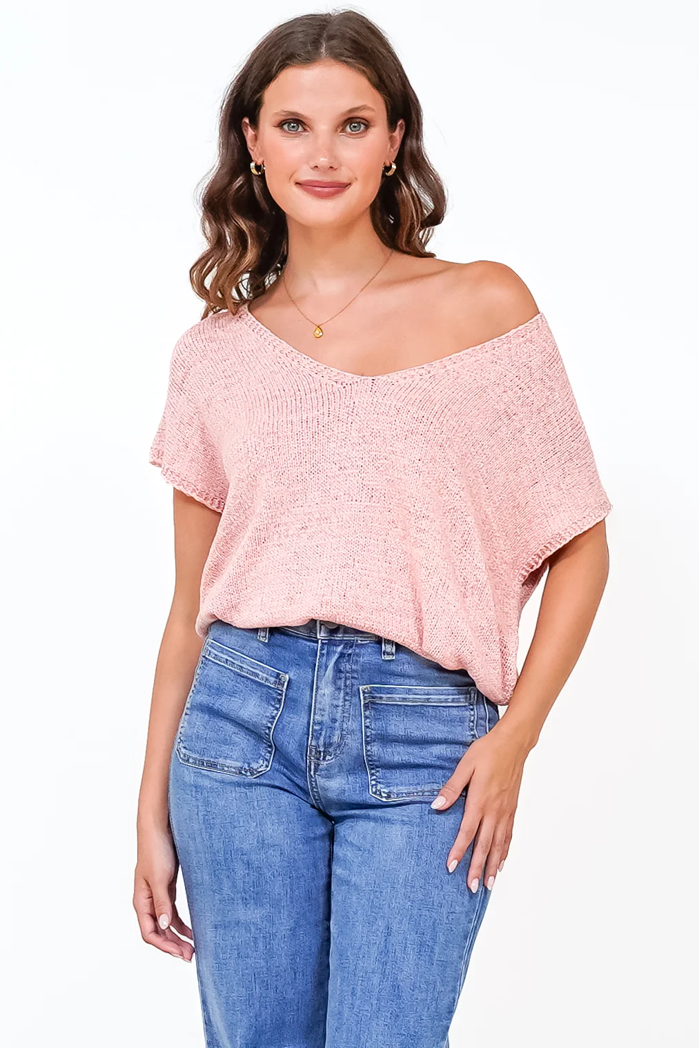 Millicent Knit Top - Relaxed V-Neck Top with Ribbed Hemline in Blush - Image 3