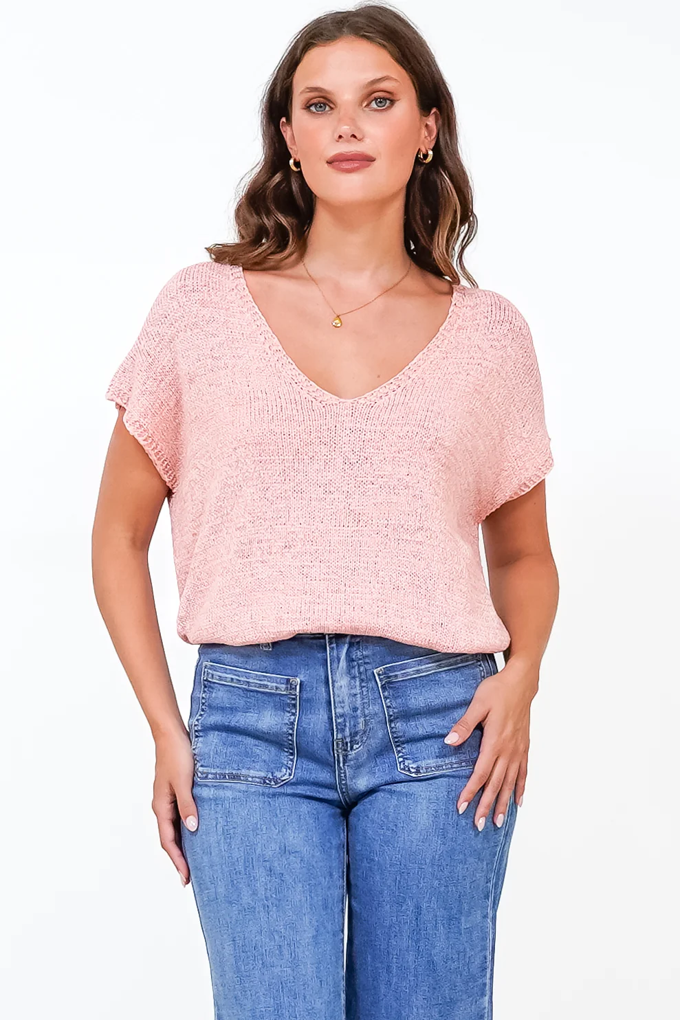 Millicent Knit Top - Relaxed V-Neck Top with Ribbed Hemline in Blush - Image 5
