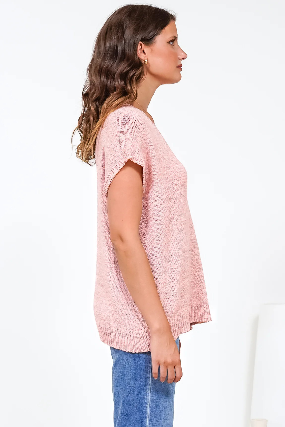 Millicent Knit Top - Relaxed V-Neck Top with Ribbed Hemline in Blush - Image 7