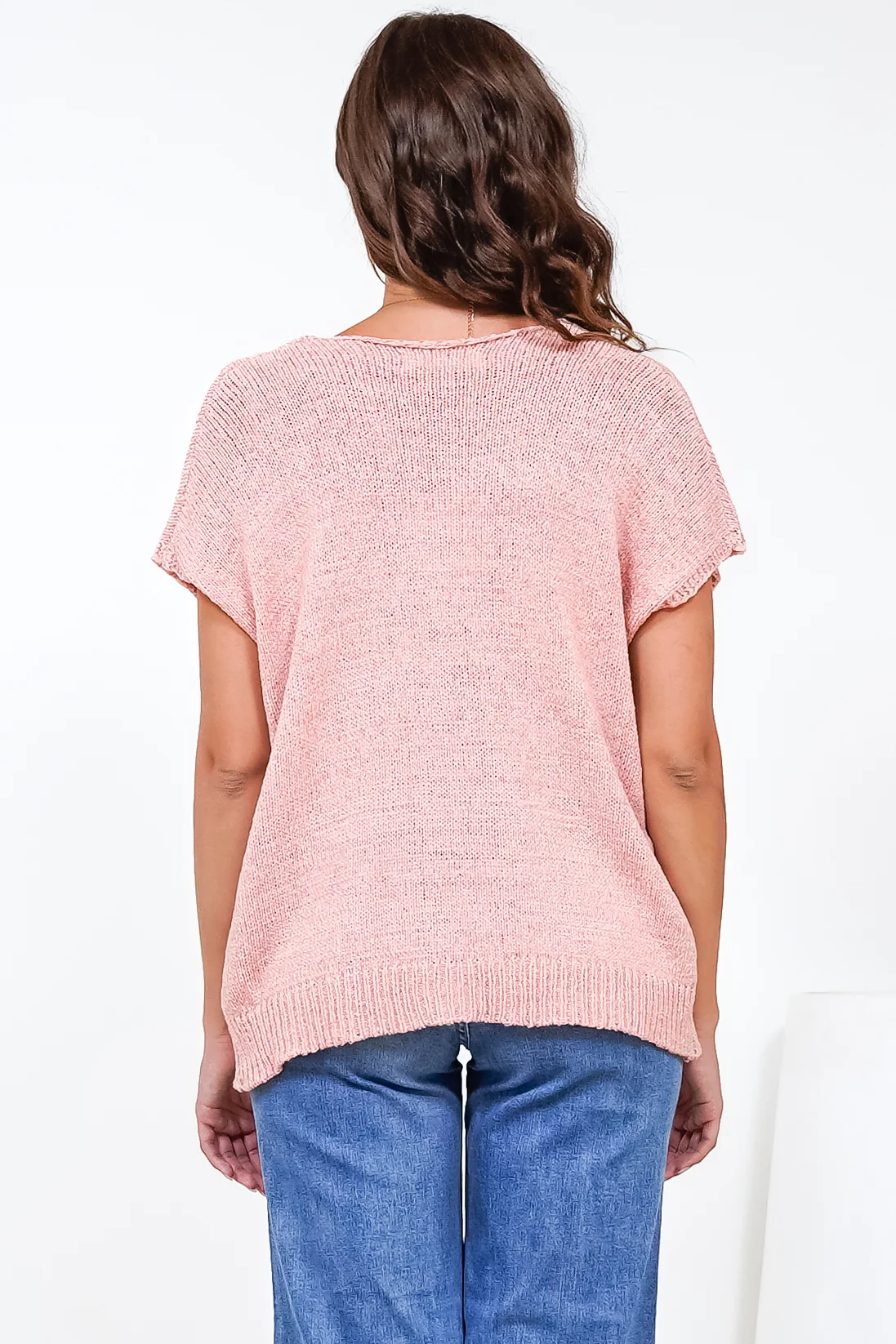 Millicent Knit Top - Relaxed V-Neck Top with Ribbed Hemline in Blush - Image 8