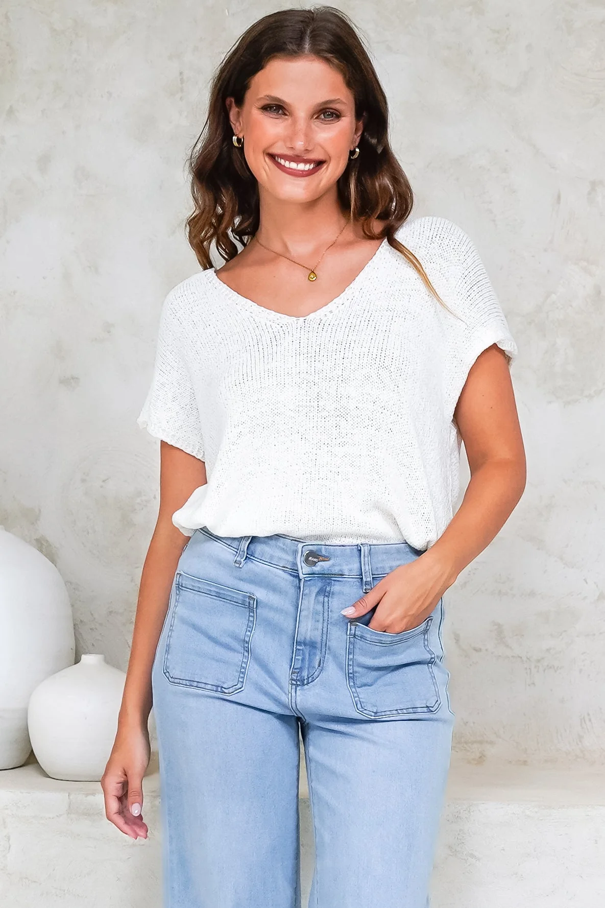 Millicent Knit Top - Relaxed V-Neck Top with Ribbed Hemline in White - Image 2
