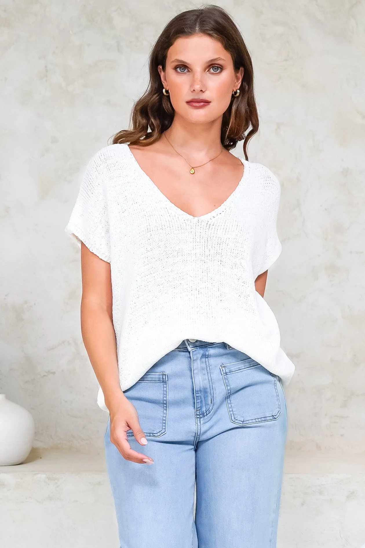 Millicent Knit Top - Relaxed V-Neck Top with Ribbed Hemline in White - Image 3