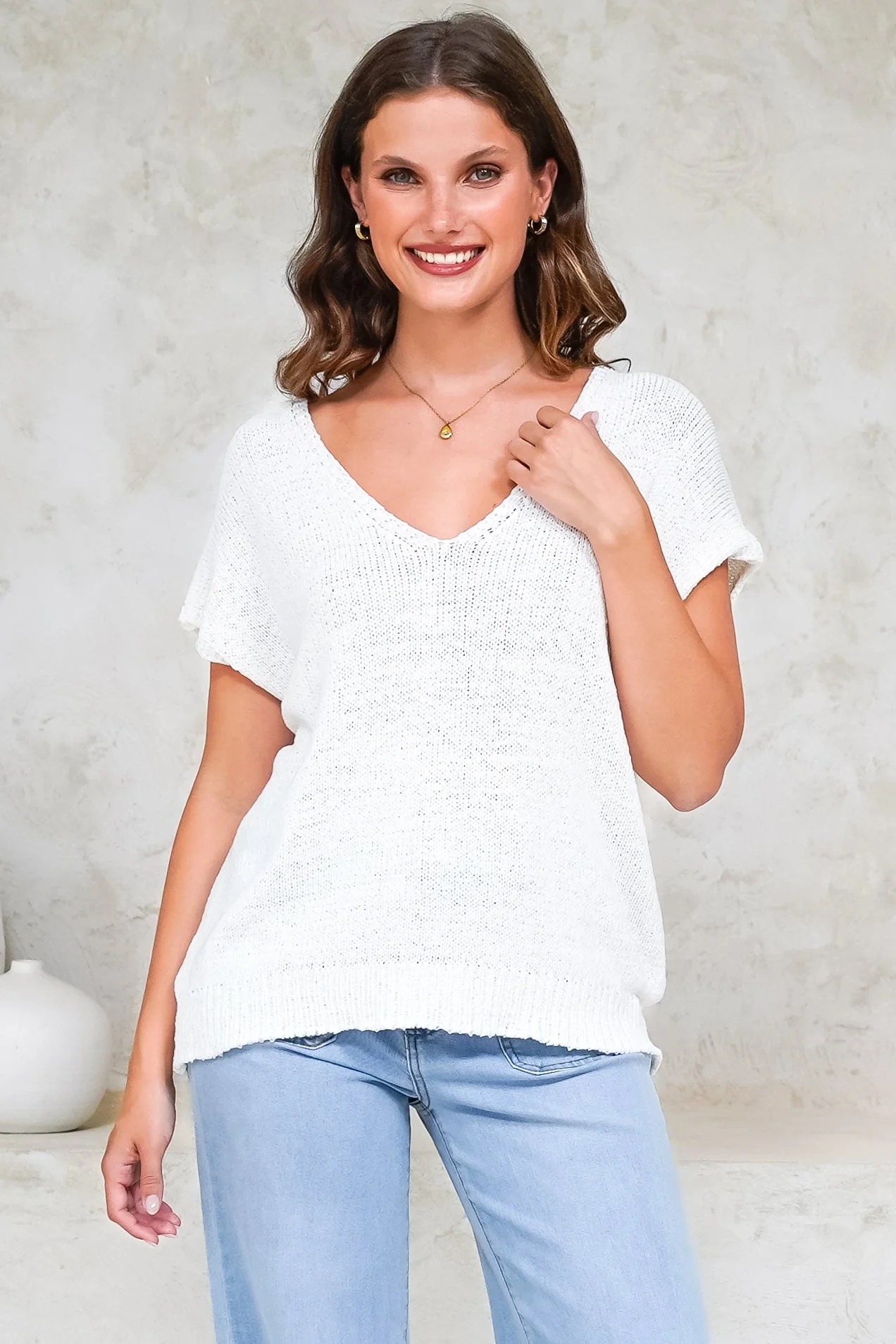 Millicent Knit Top - Relaxed V-Neck Top with Ribbed Hemline in White - Image 4