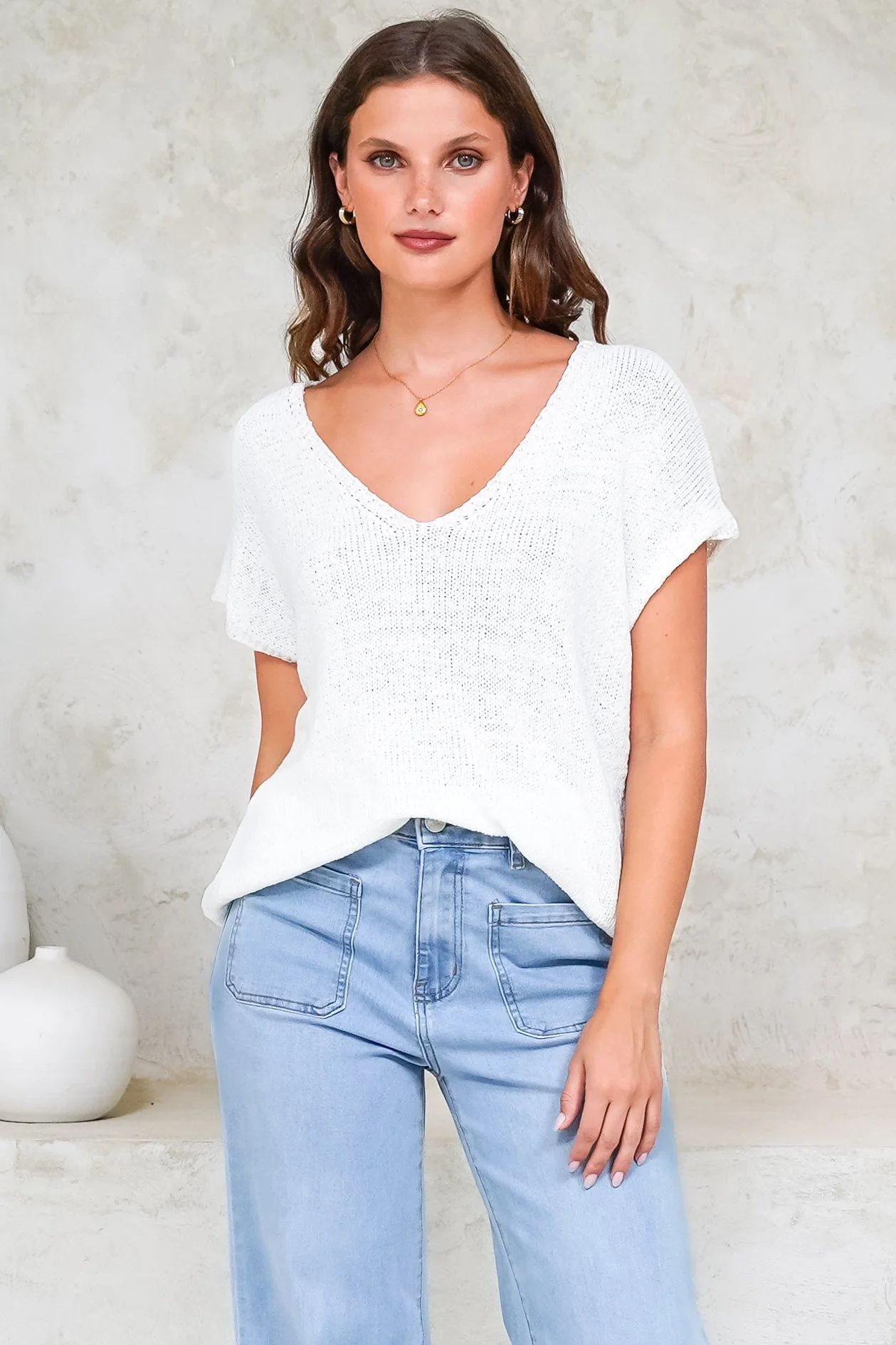 Millicent Knit Top - Relaxed V-Neck Top with Ribbed Hemline in White - Image 5