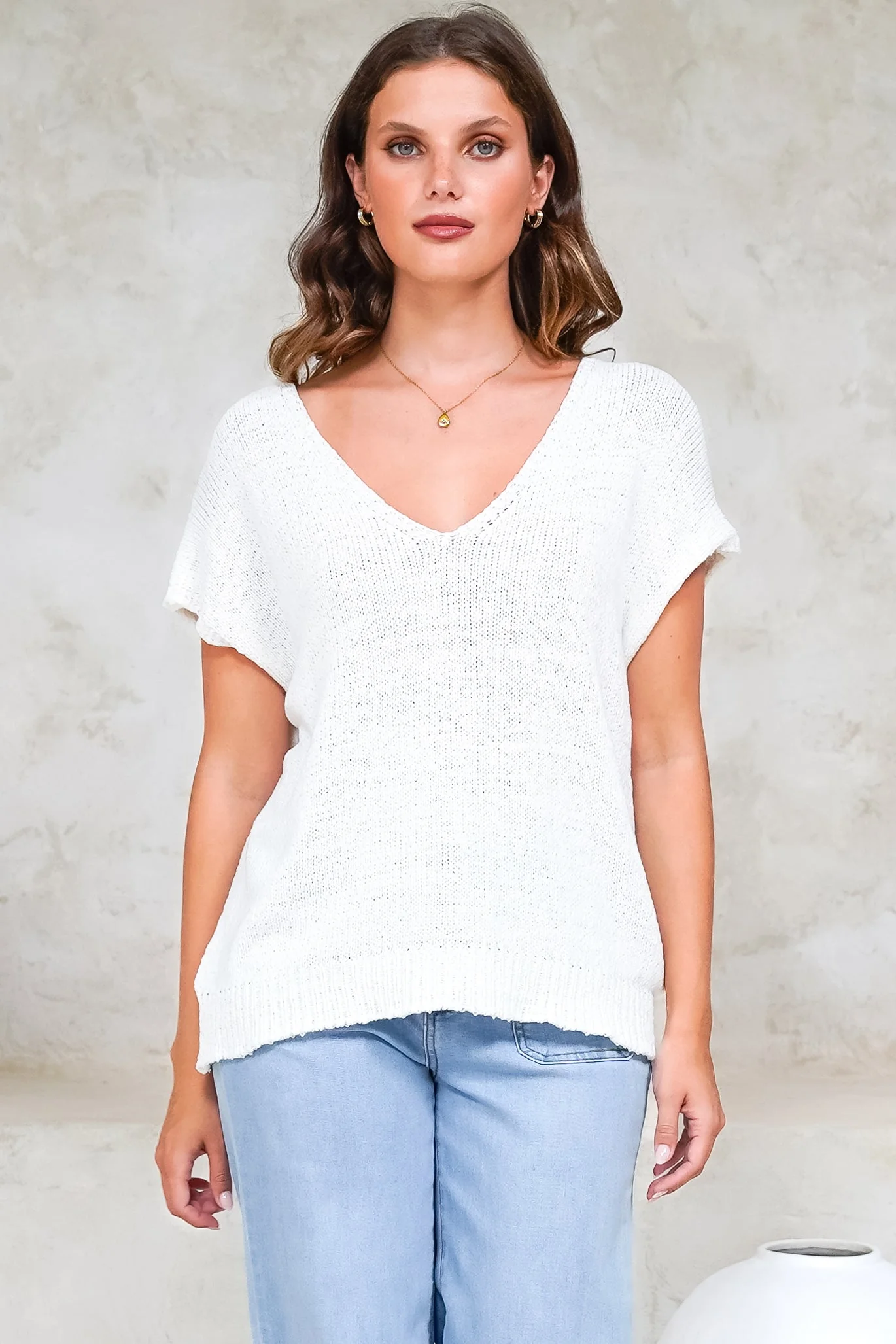 Millicent Knit Top - Relaxed V-Neck Top with Ribbed Hemline in White - Image 6