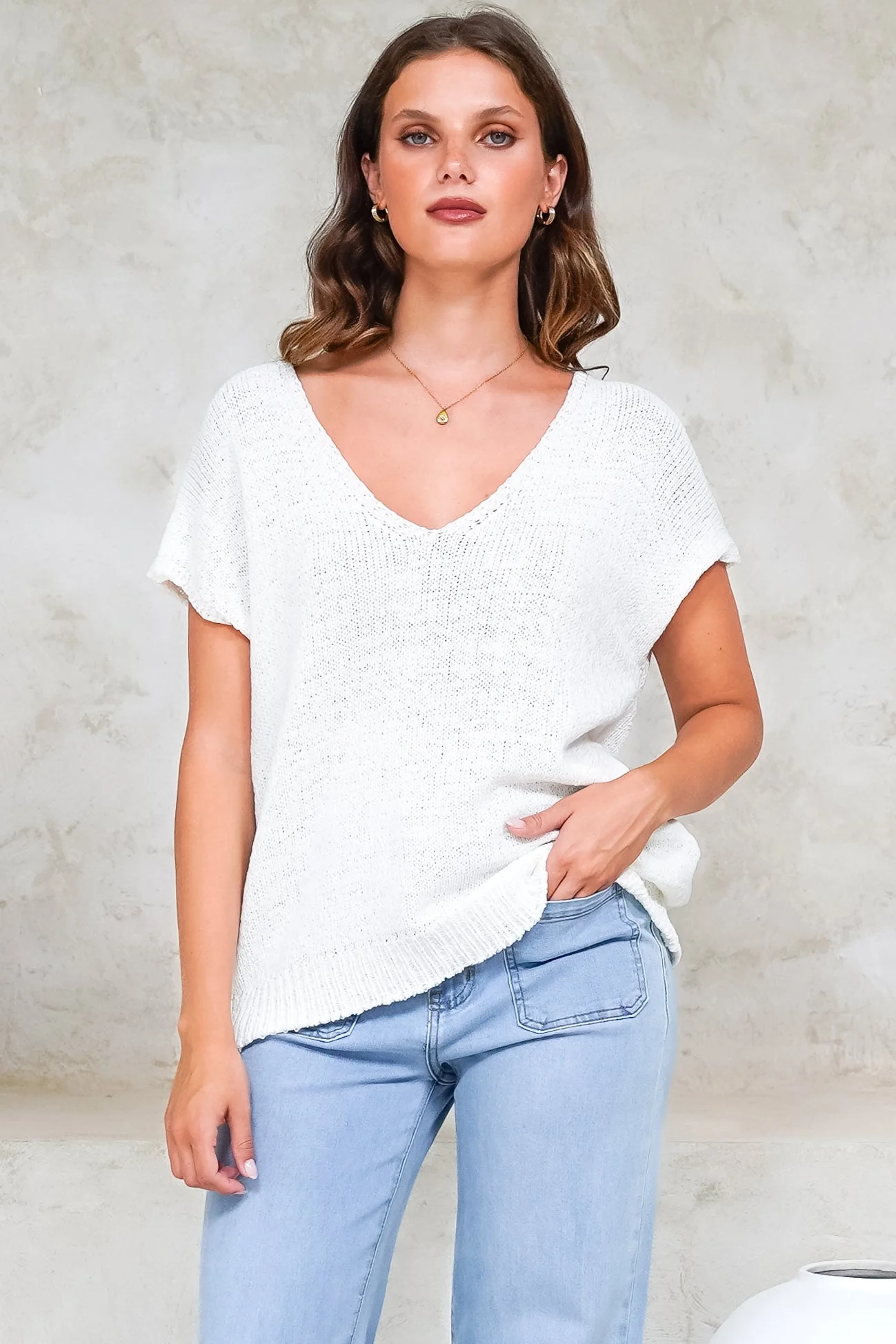 Millicent Knit Top - Relaxed V-Neck Top with Ribbed Hemline in White - Image 7