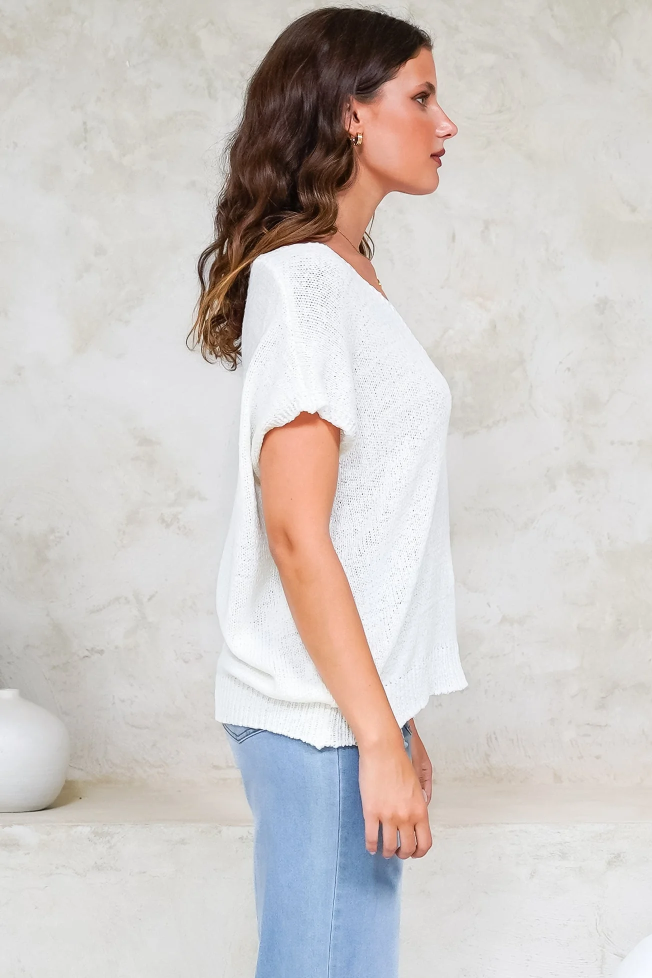 Millicent Knit Top - Relaxed V-Neck Top with Ribbed Hemline in White - Image 8