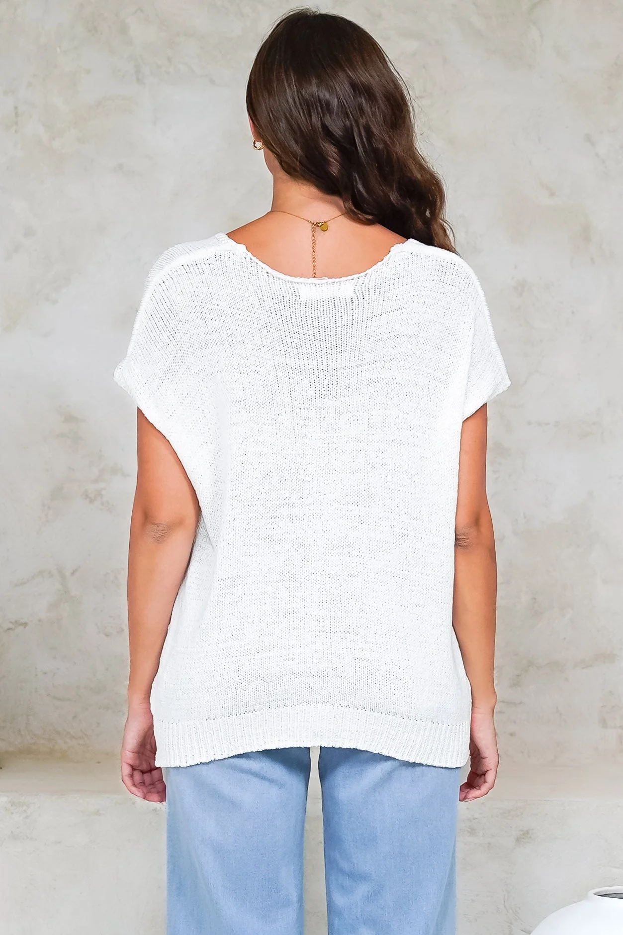 Millicent Knit Top - Relaxed V-Neck Top with Ribbed Hemline in White - Image 9