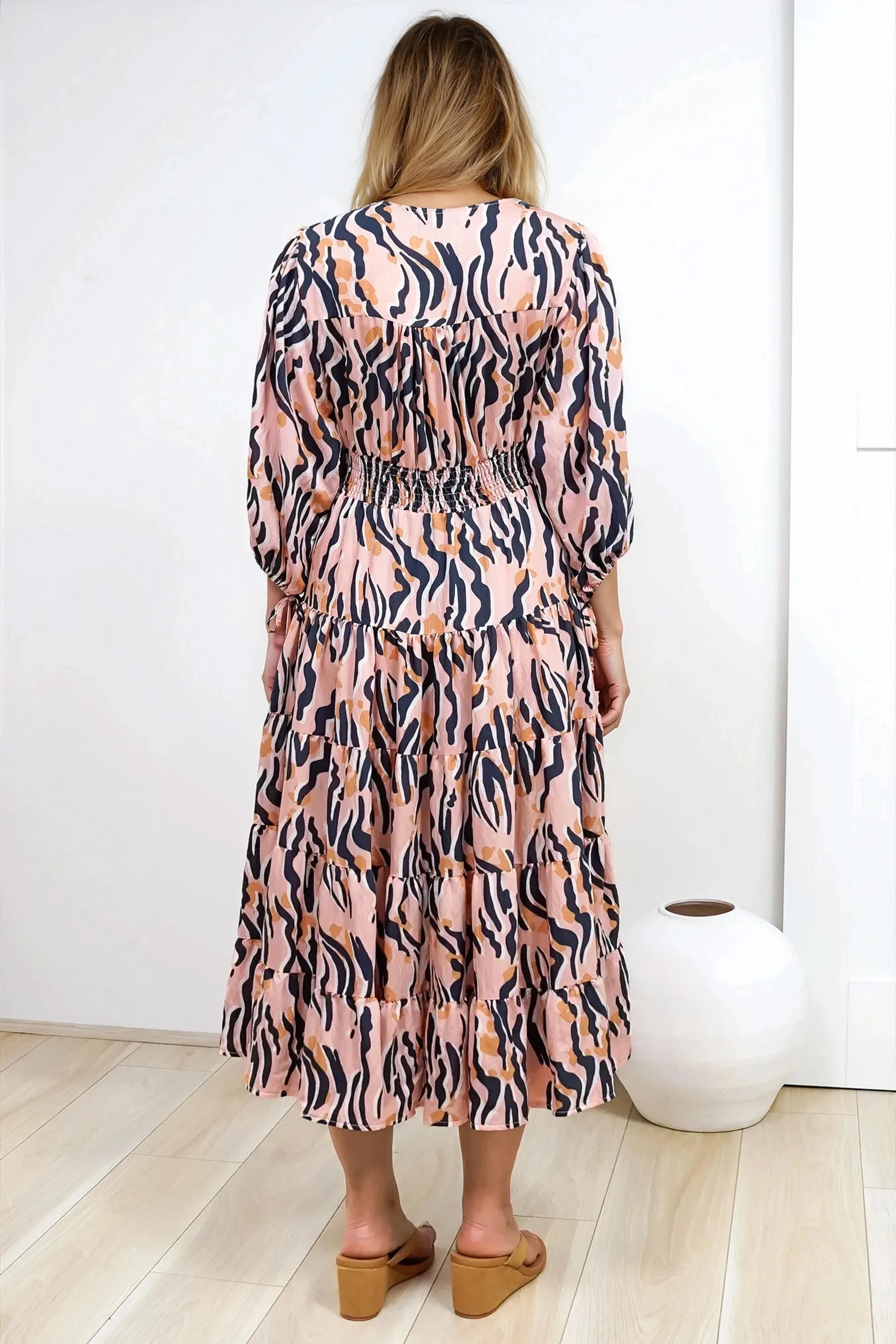 Milly Midi Dress - Tiered Button Down 3/4 Sleeve Dress in Zimmi Print - Image 8