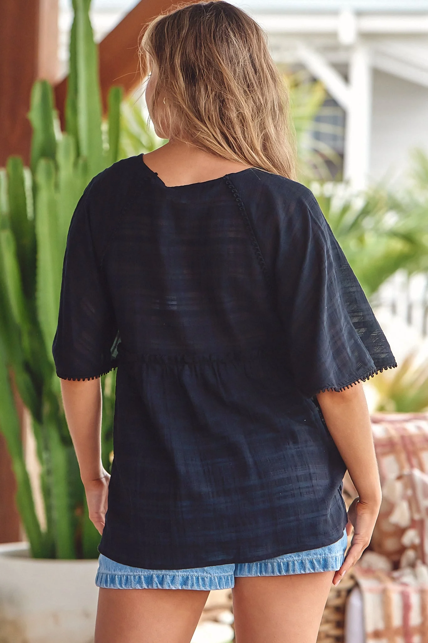 Mimosa Top- V-Neck Cotton Top with Bell Sleeves in Noel Black - Image 8