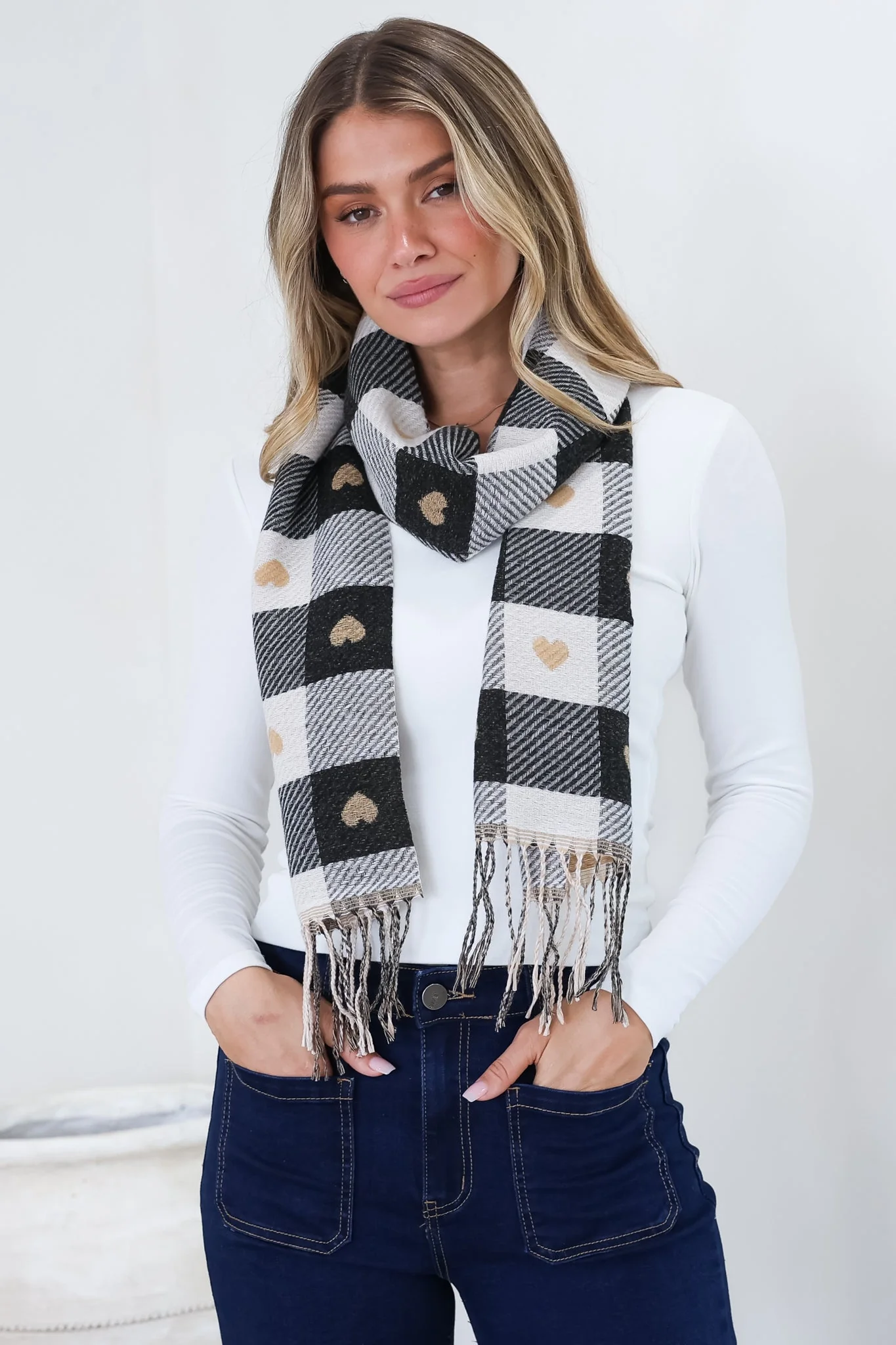 Minka Scarf - Soft Cozy Wrap Scarf with Heart and Check Print in Black - Image 3