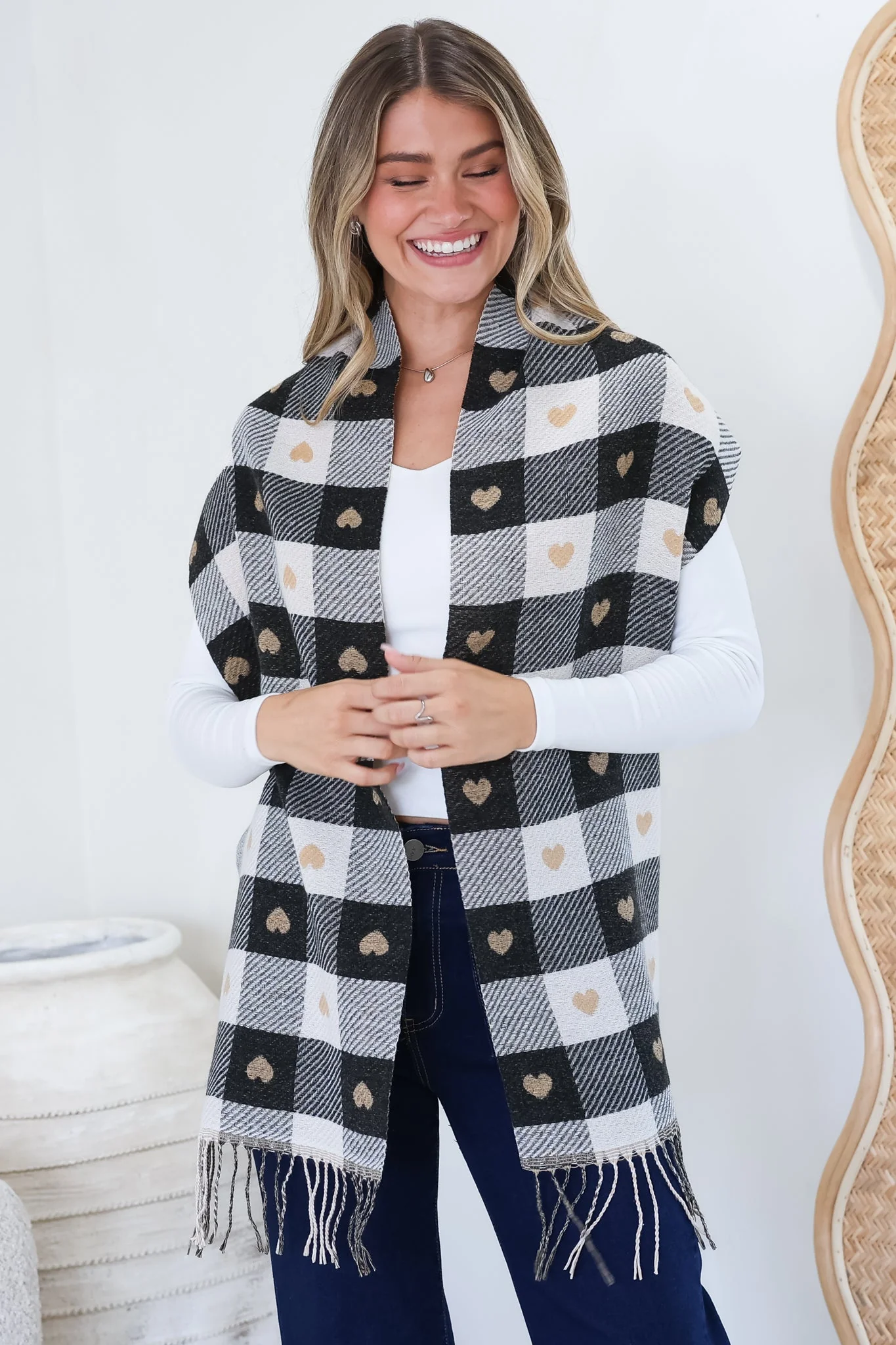 Minka Scarf - Soft Cozy Wrap Scarf with Heart and Check Print in Black - Image 4