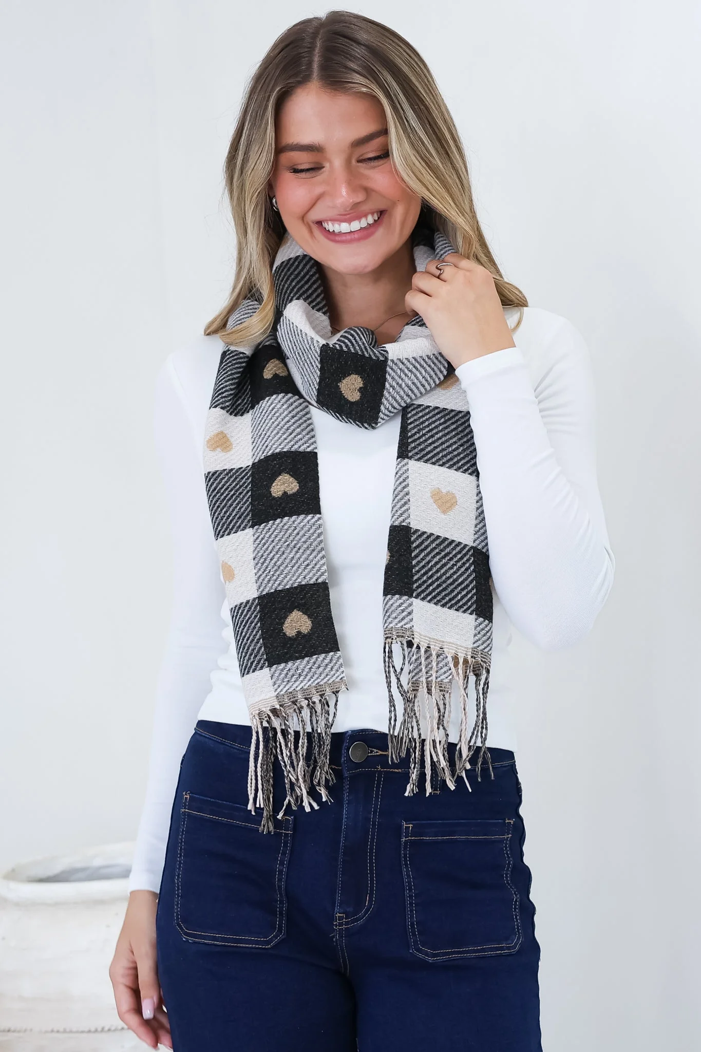 Minka Scarf - Soft Cozy Wrap Scarf with Heart and Check Print in Black - Image 5