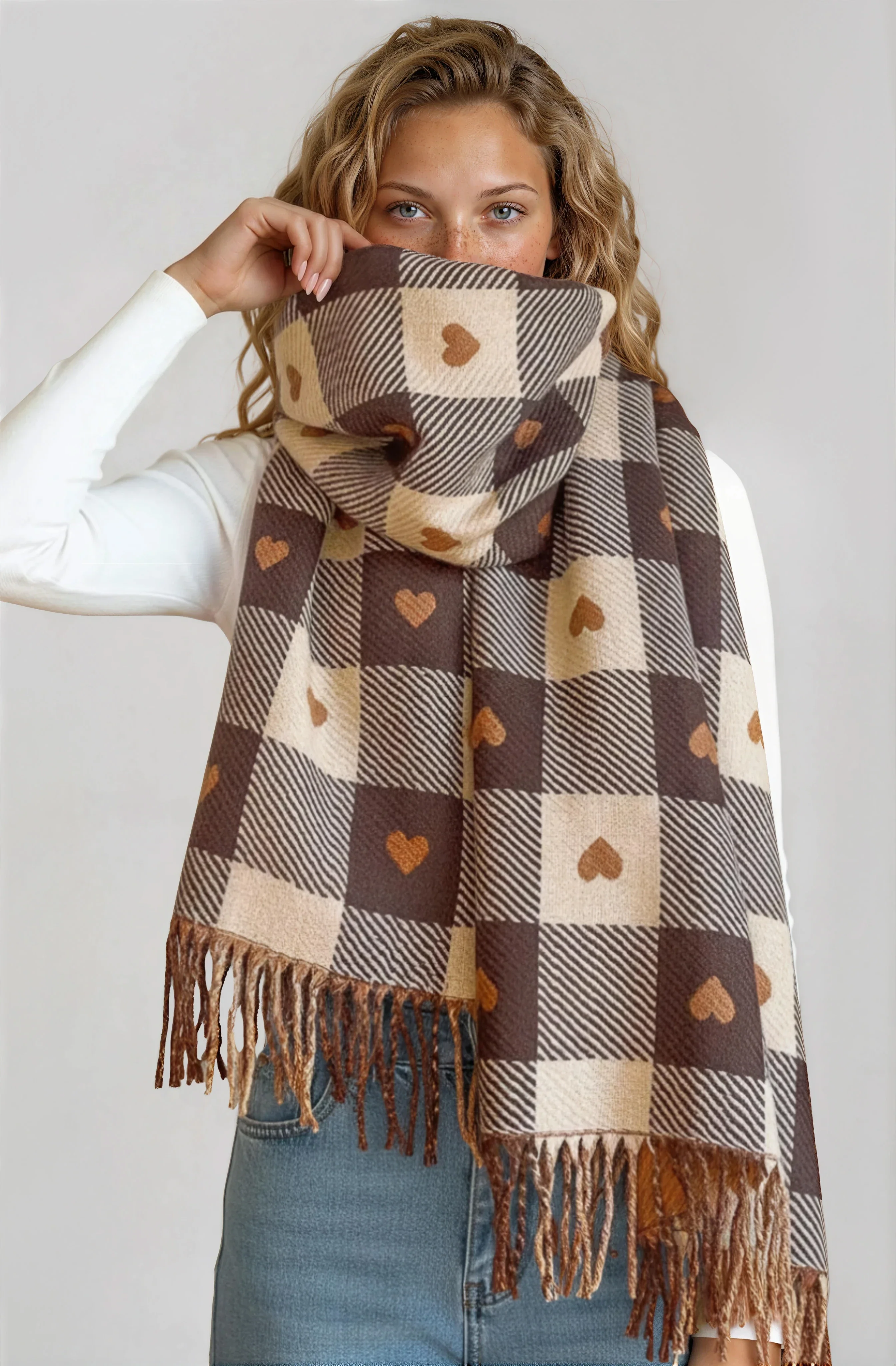 Minka Scarf - Soft Cozy Wrap Scarf with Heart and Check Print in Coffee - Image 2