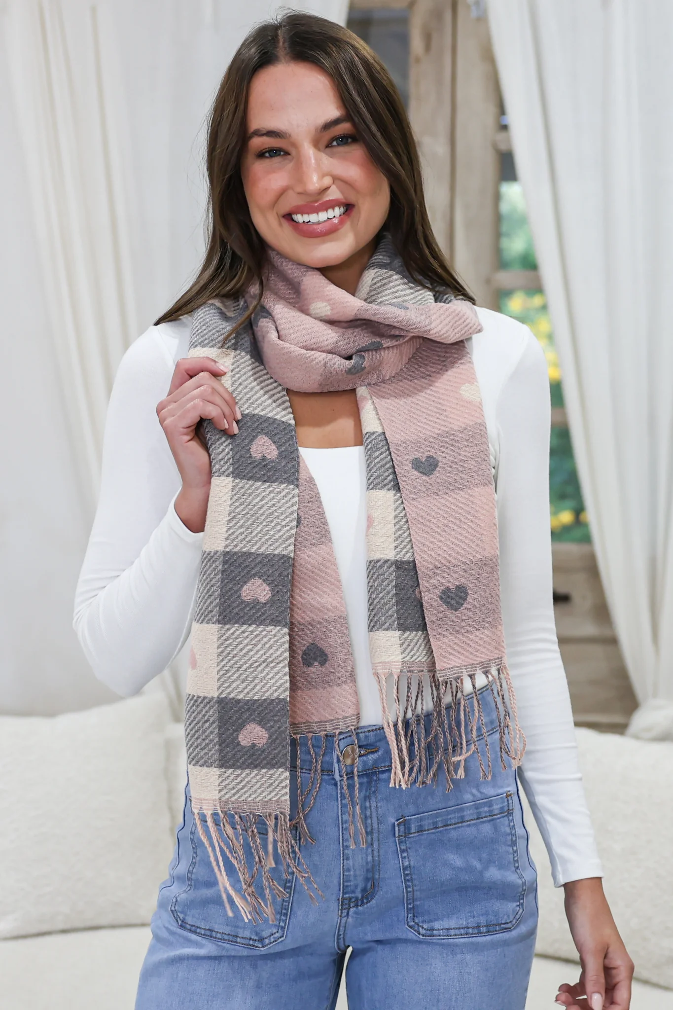 Minka Scarf - Soft Cozy Wrap Scarf with Heart and Check Print in Pink - Image 2