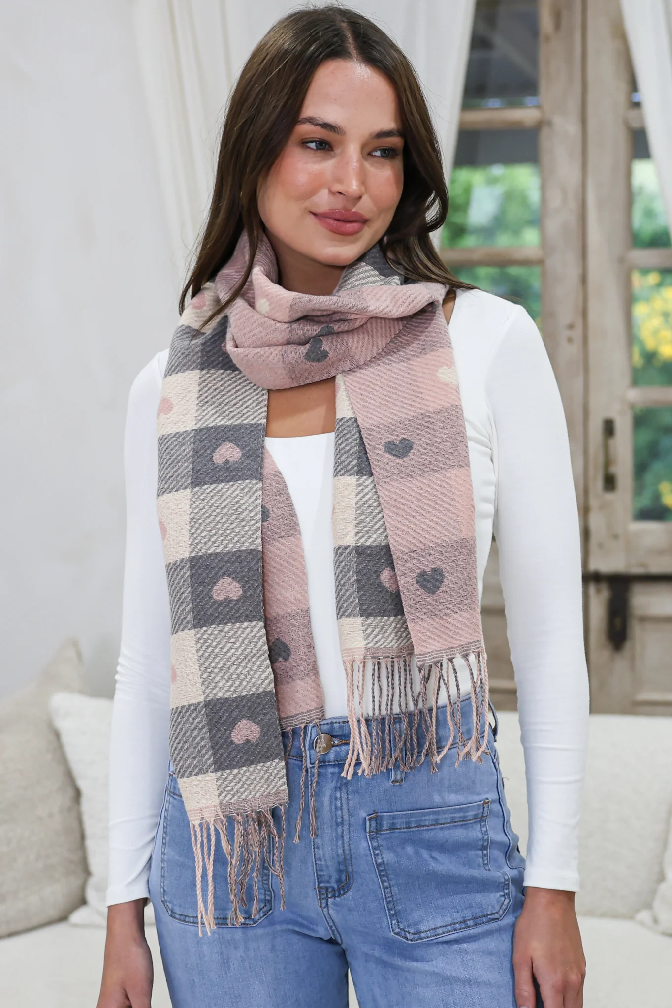 Minka Scarf - Soft Cozy Wrap Scarf with Heart and Check Print in Pink - Image 3