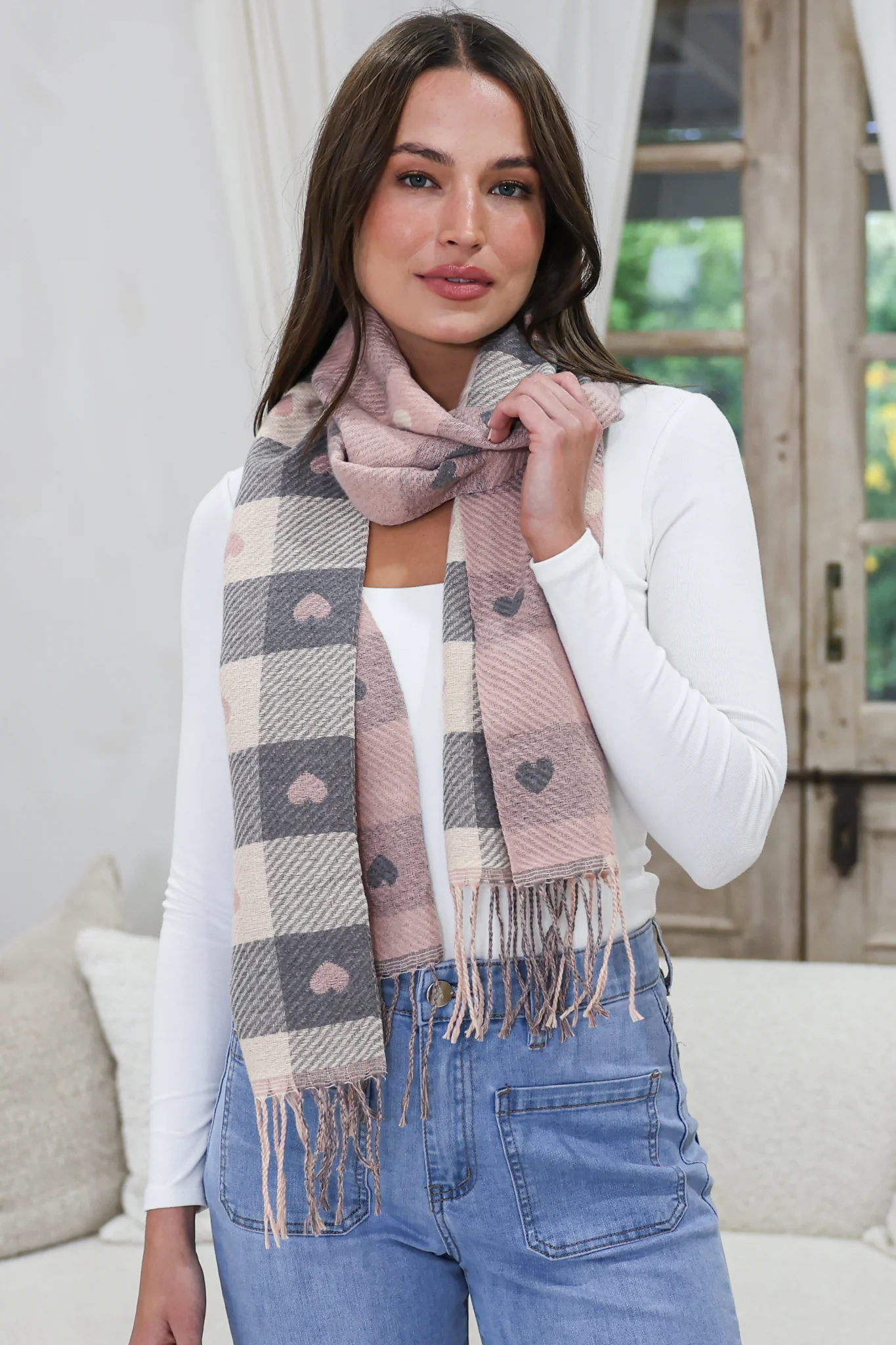 Minka Scarf - Soft Cozy Wrap Scarf with Heart and Check Print in Pink - Image 4