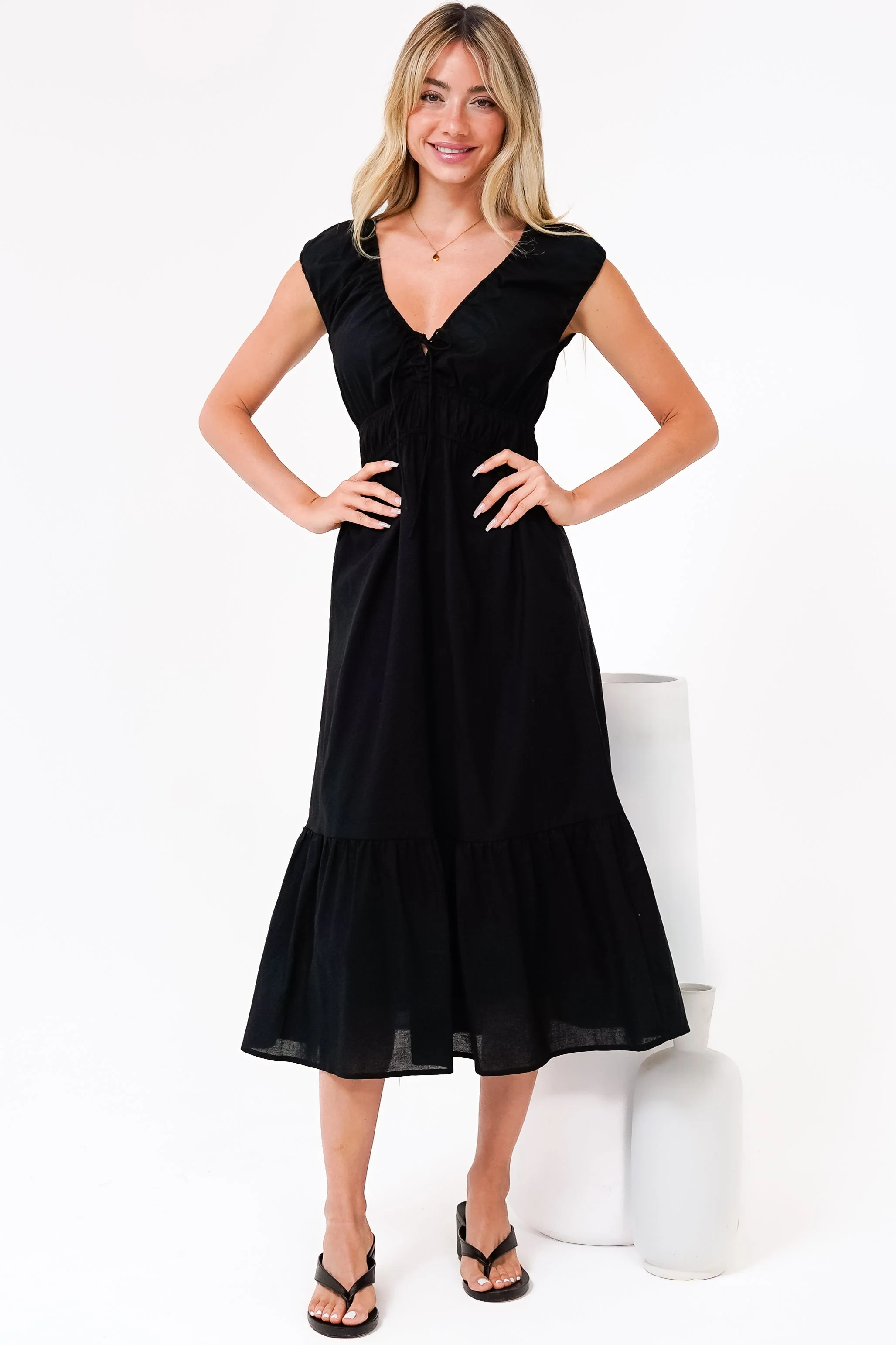 Miramar Midi Dress - V-Neck Gathered Bust Cap Sleeve Dress with Pockets in Black - Image 2