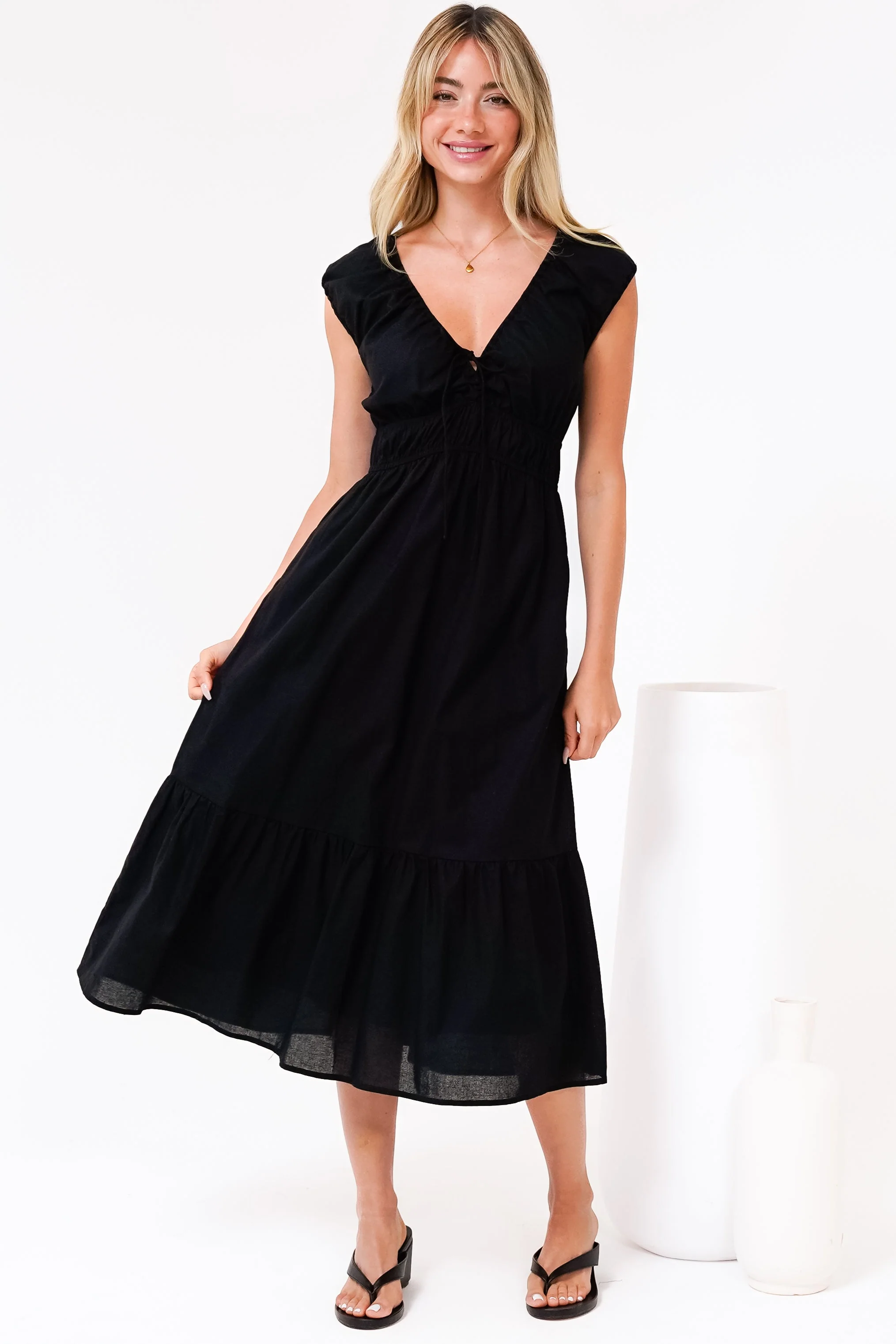 Miramar Midi Dress - V-Neck Gathered Bust Cap Sleeve Dress with Pockets in Black - Image 3