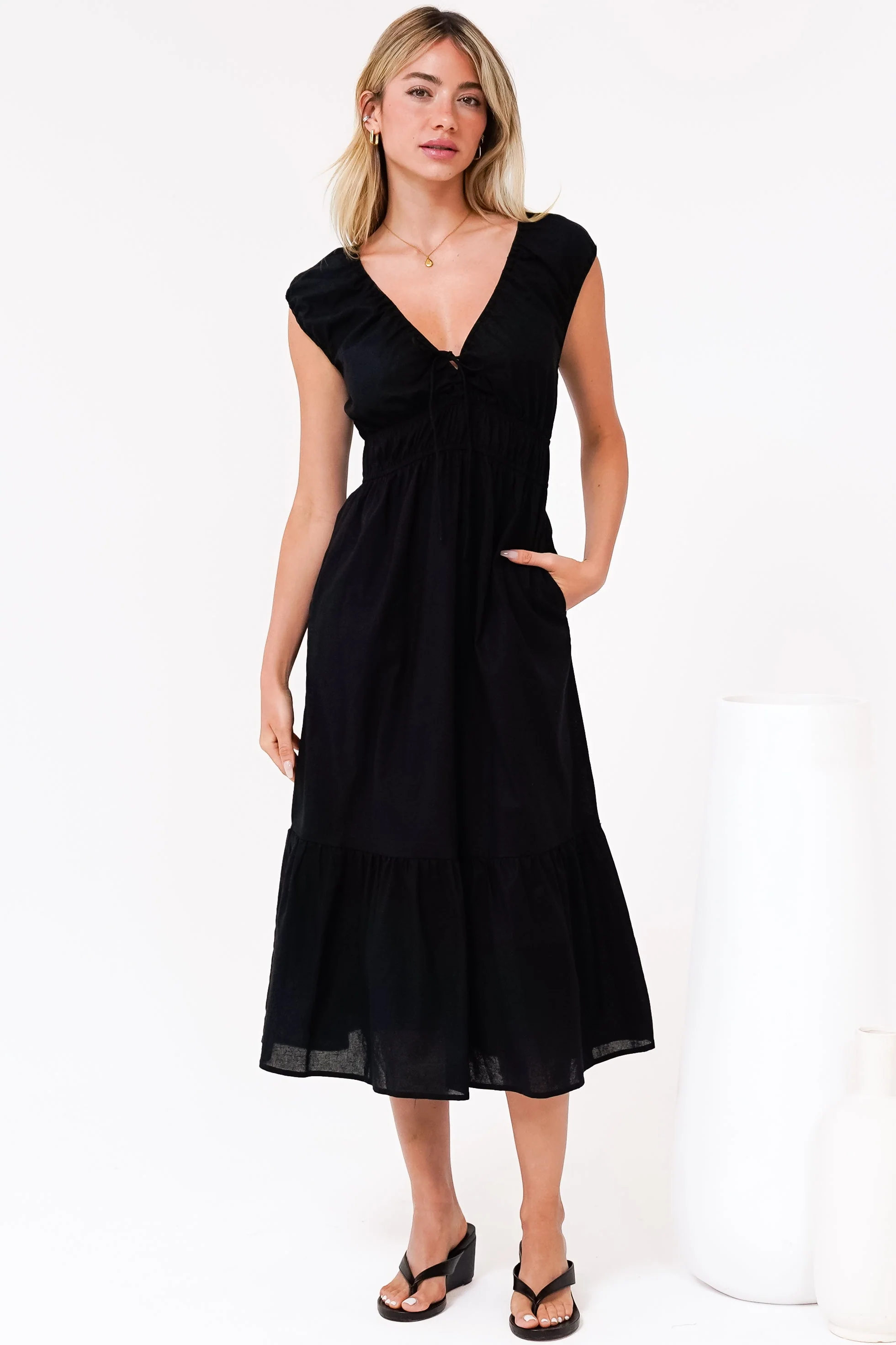 Miramar Midi Dress - V-Neck Gathered Bust Cap Sleeve Dress with Pockets in Black - Image 4
