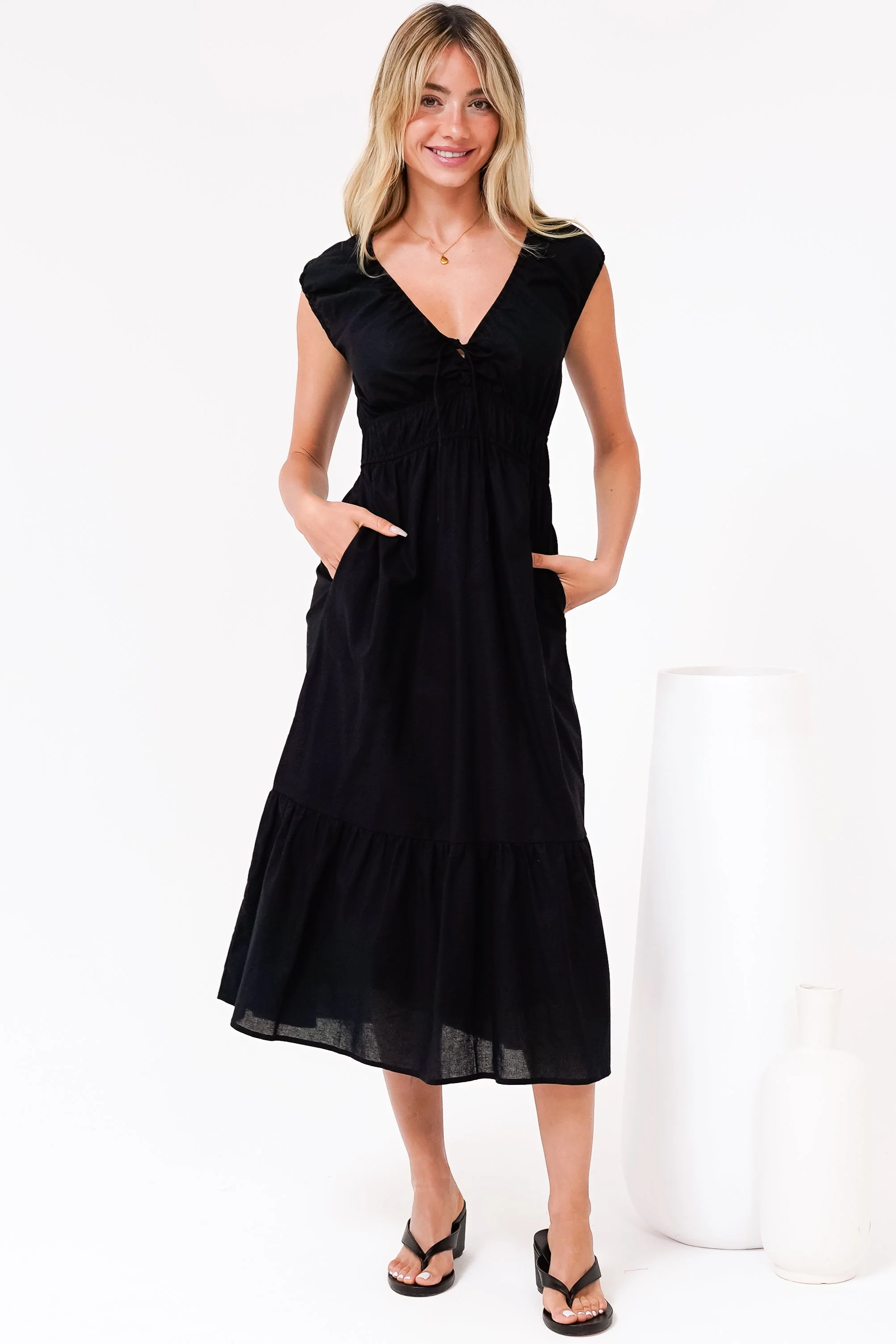 Miramar Midi Dress - V-Neck Gathered Bust Cap Sleeve Dress with Pockets in Black - Image 5