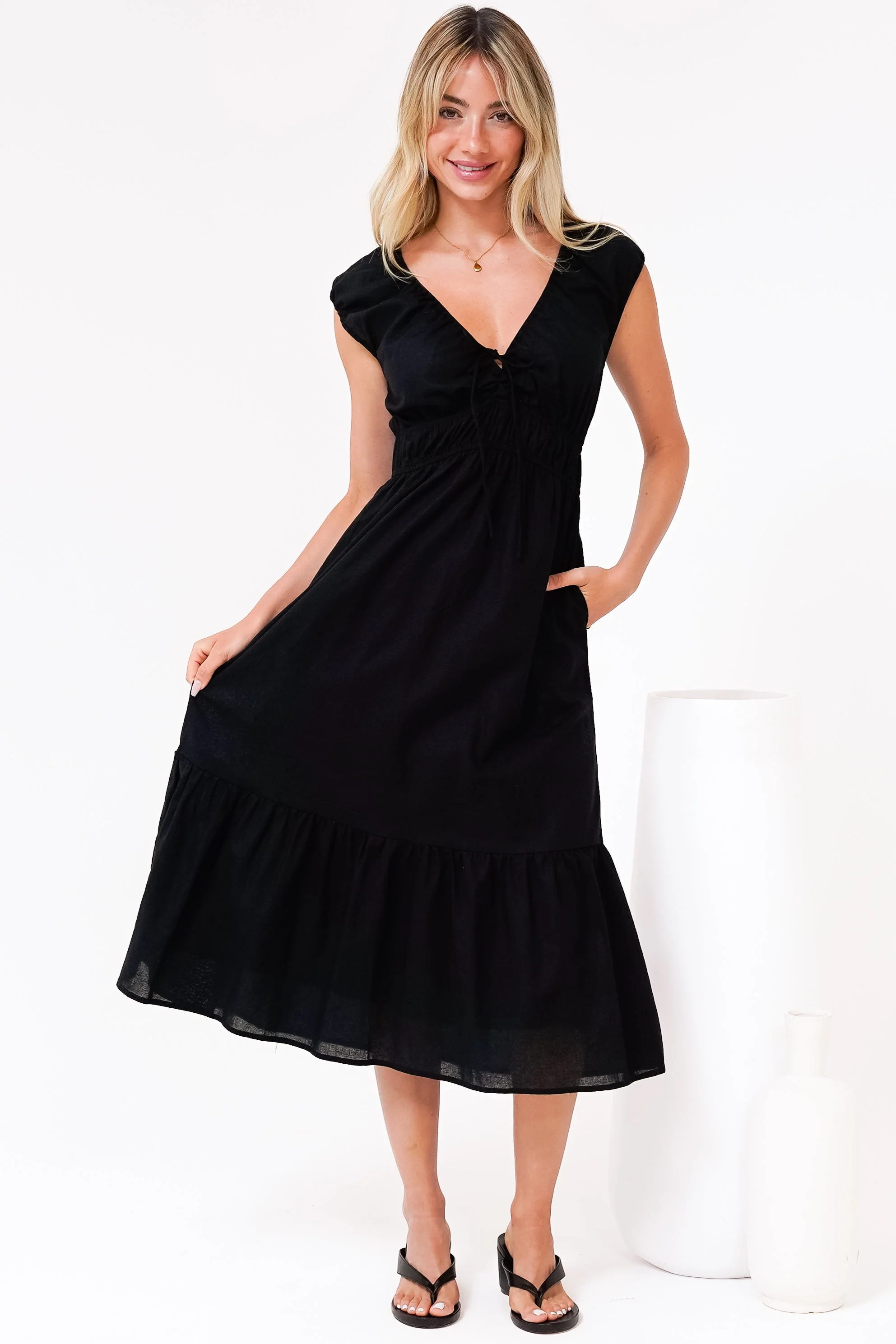 Miramar Midi Dress - V-Neck Gathered Bust Cap Sleeve Dress with Pockets in Black - Image 6