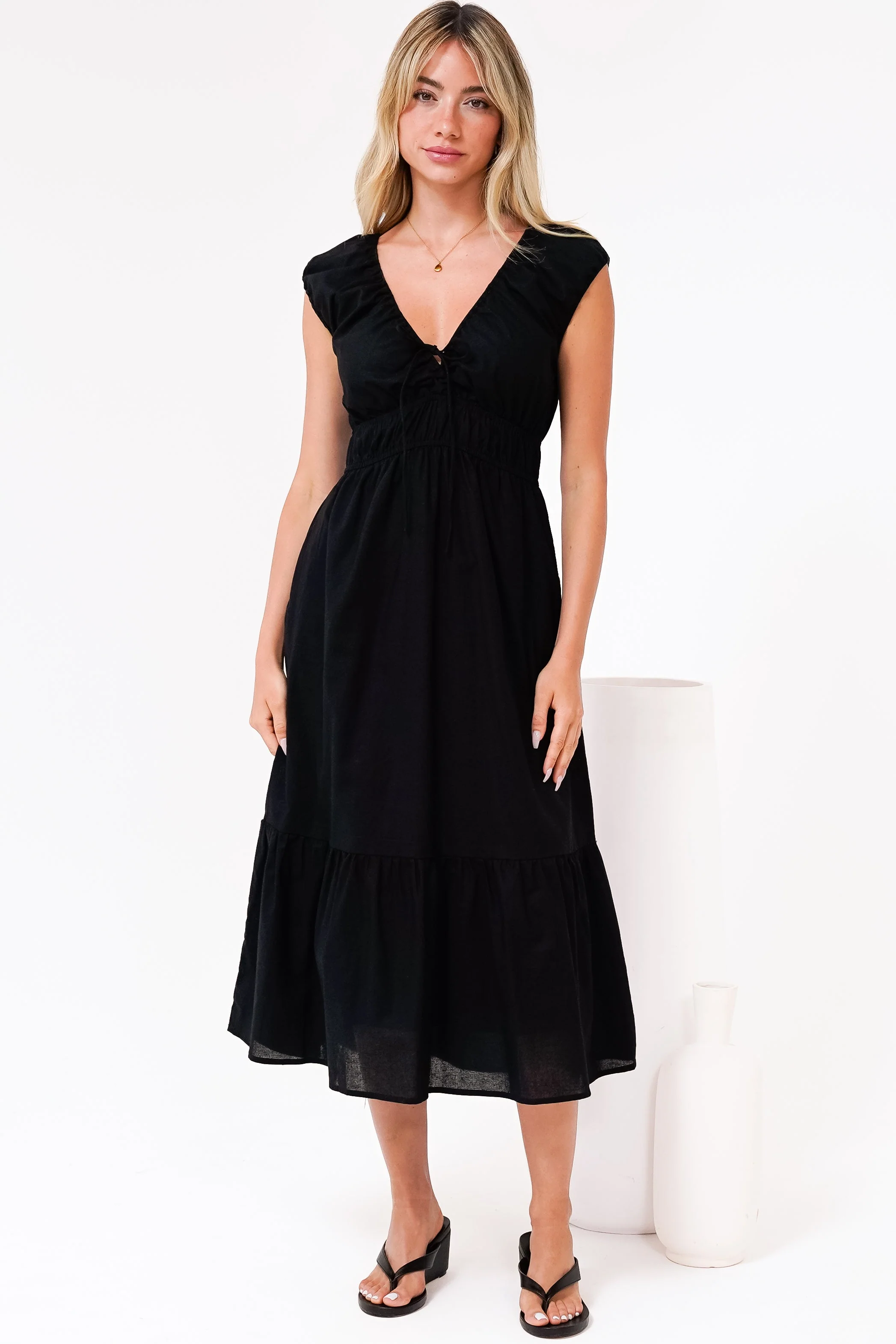 Miramar Midi Dress - V-Neck Gathered Bust Cap Sleeve Dress with Pockets in Black - Image 7