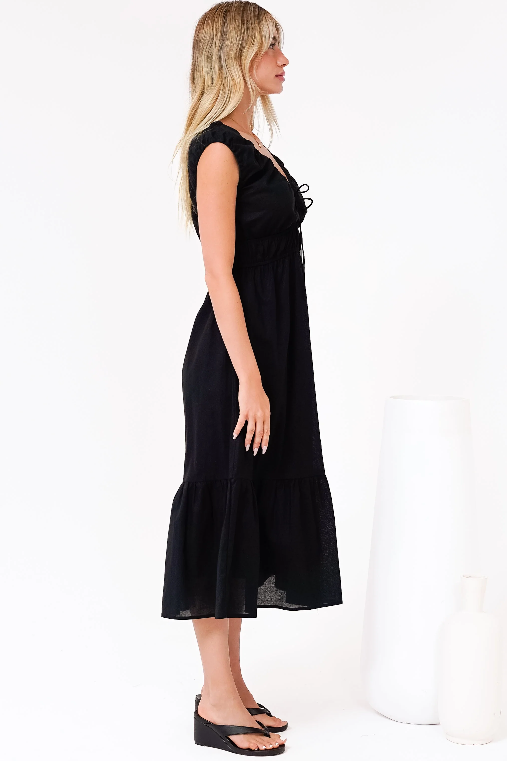 Miramar Midi Dress - V-Neck Gathered Bust Cap Sleeve Dress with Pockets in Black - Image 8