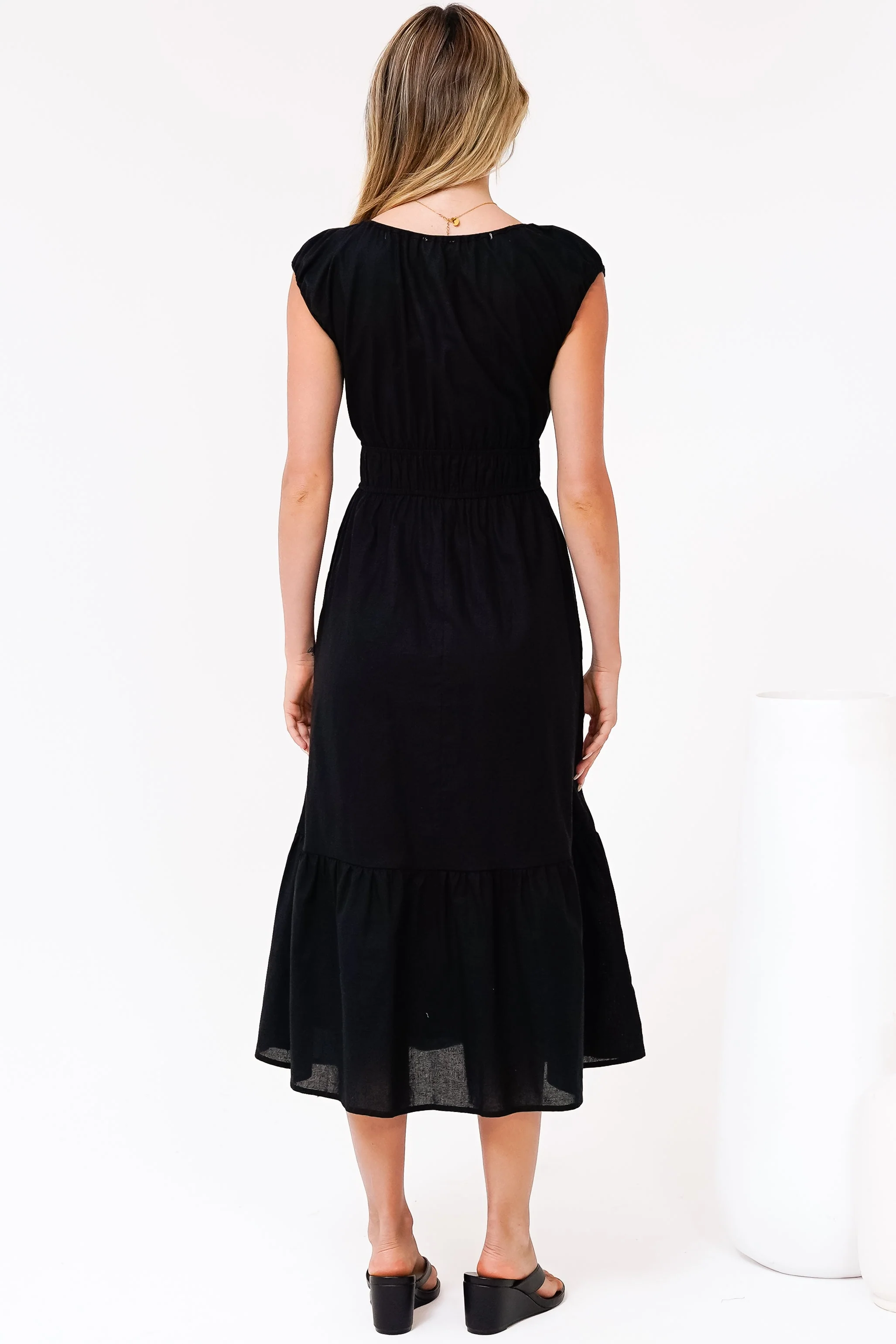 Miramar Midi Dress - V-Neck Gathered Bust Cap Sleeve Dress with Pockets in Black - Image 9
