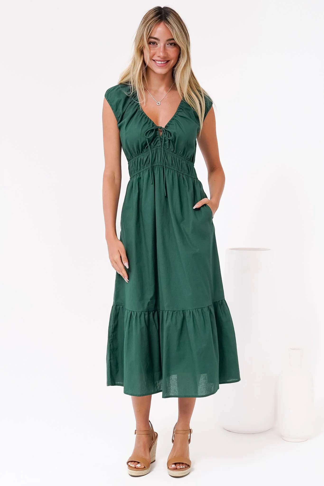 Miramar Midi Dress - V-Neck Gathered Bust Cap Sleeve Dress with Pockets in Emerald - Image 2